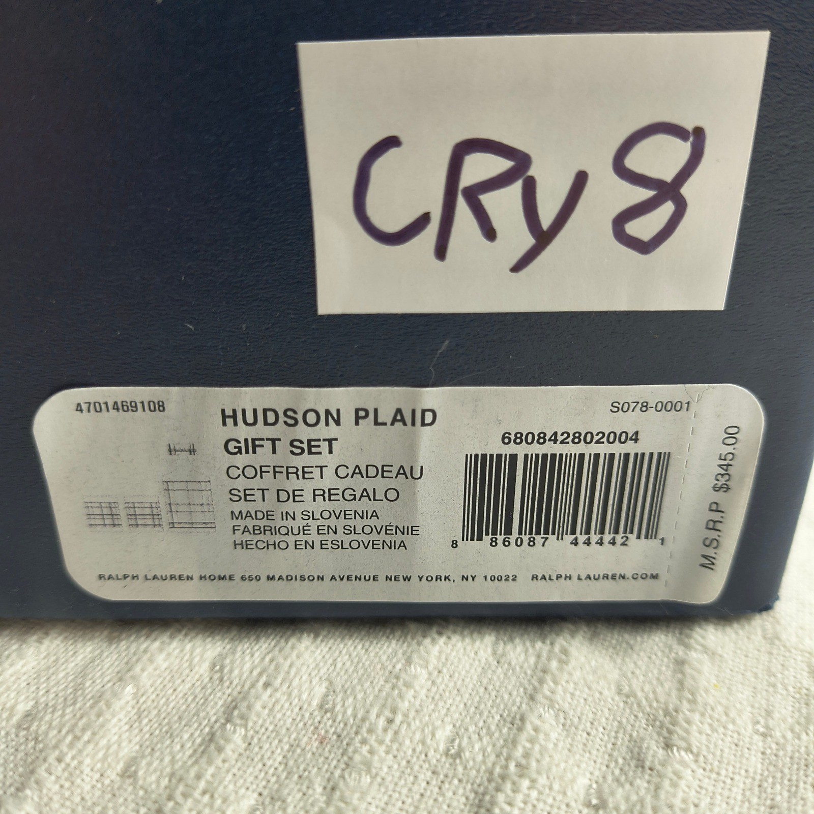 Ralph Lauren Hudson Plaid Crystal Decanter and 2 Glasses Gift Set