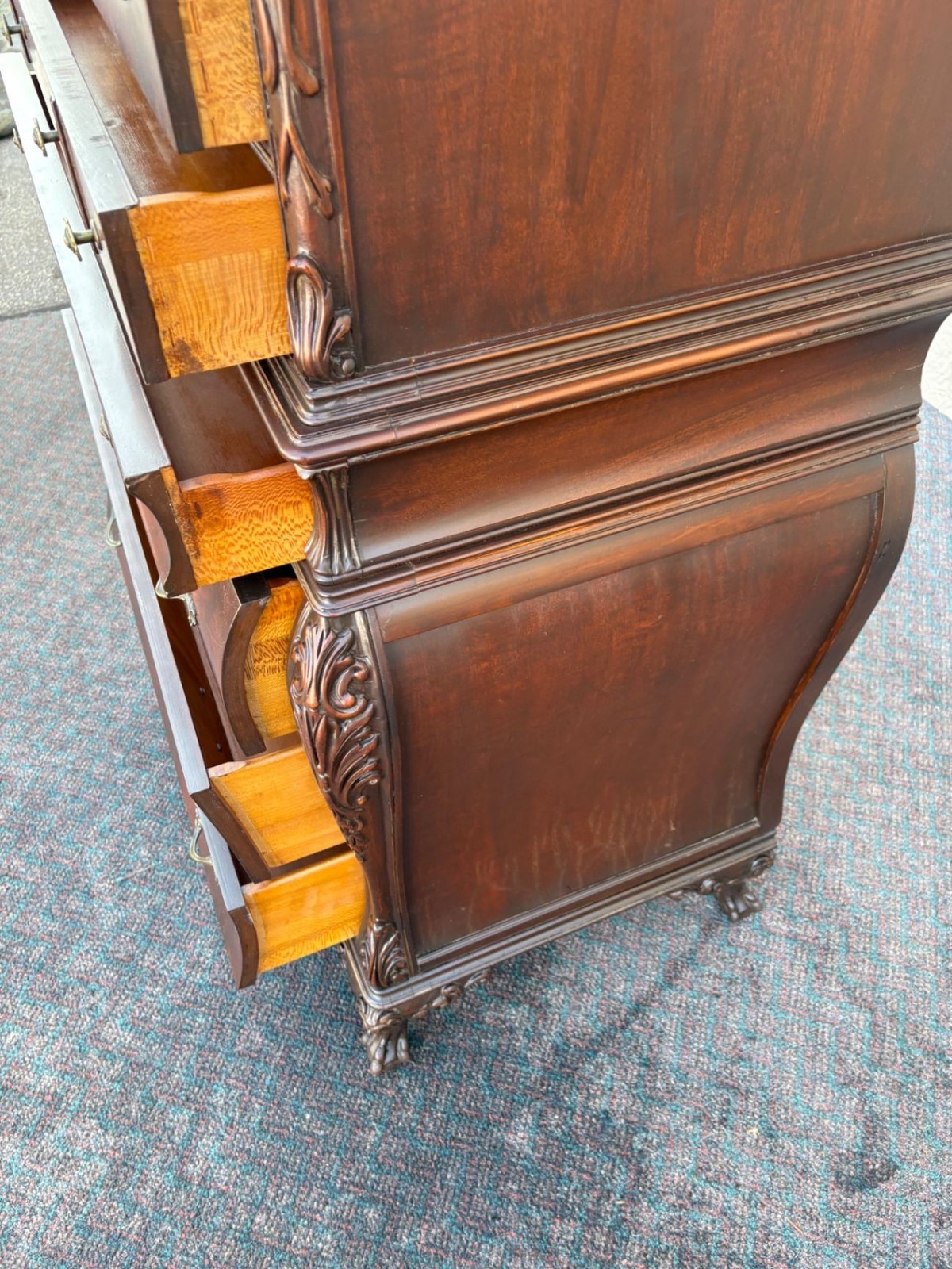 67492 Flame Mahogany Carved High Chest with Ornate Detailing