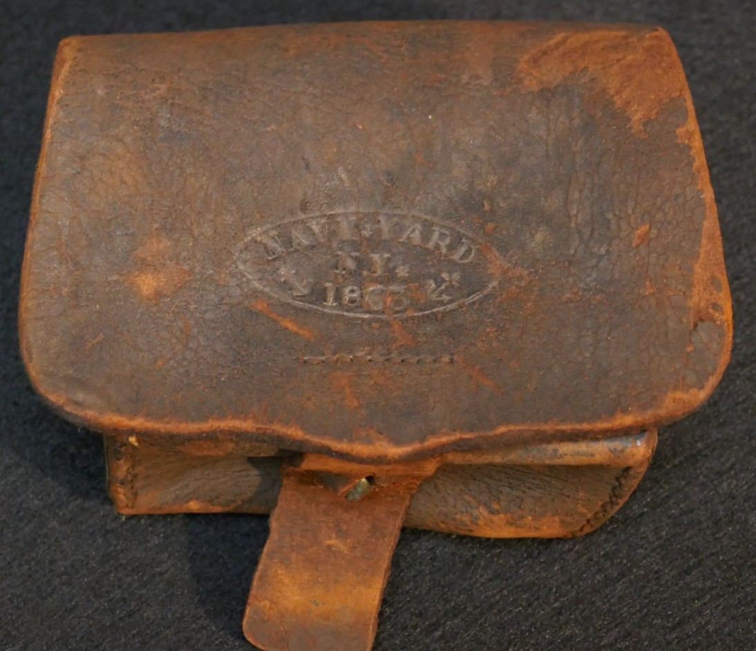 Civil War USN Cannoneer Fuse Box 'Navy Yard NY 1863' Brown Leather Pouch, Rare