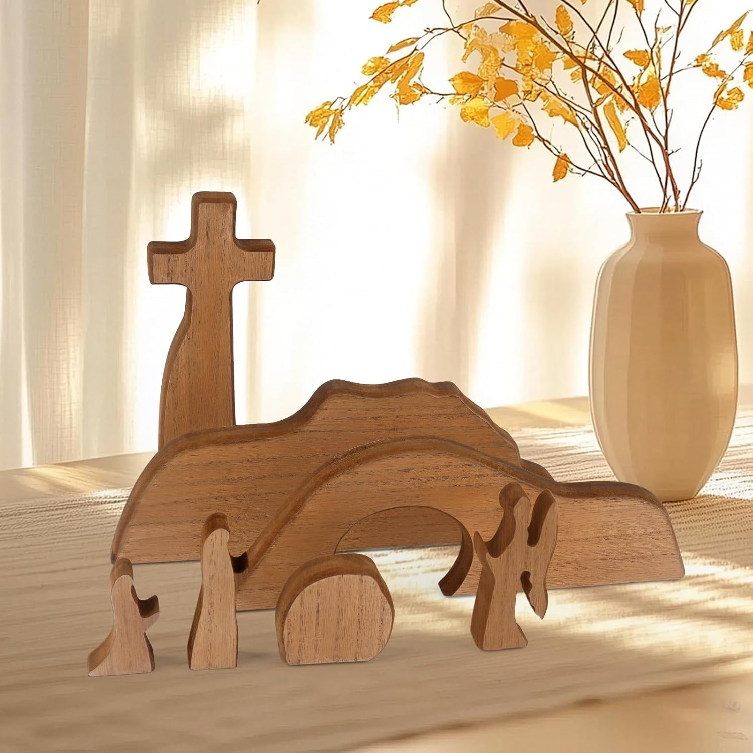 Empty Tomb Easter Scene and Cross Decoration, Wooden Easter Resurrection Scene S
