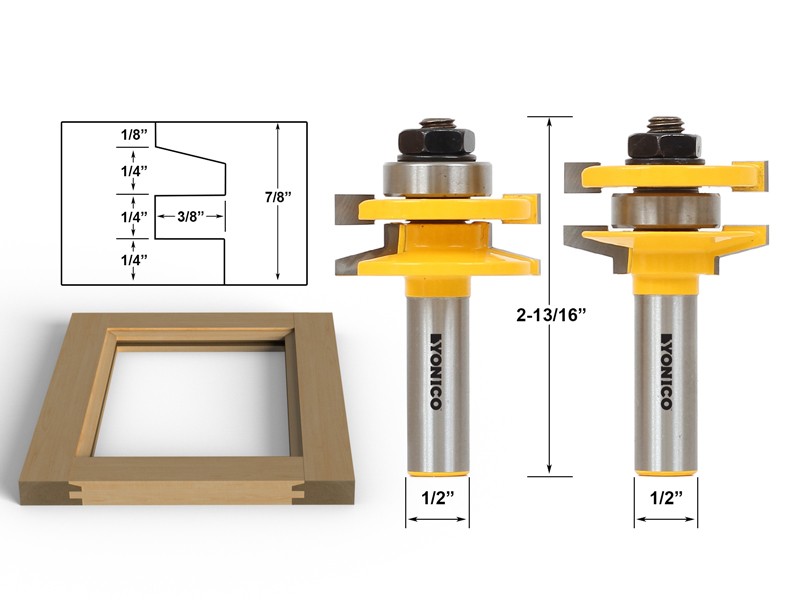 Bevel 2 Bit Rail and Stile Router Bit Set - 1/2" Shank - Yonico 12247