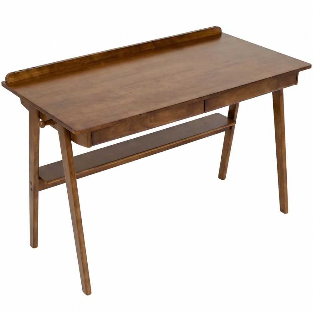 Solid Wood Writing Desk, Mid-Century Modern with 2 Drawers & Shelf