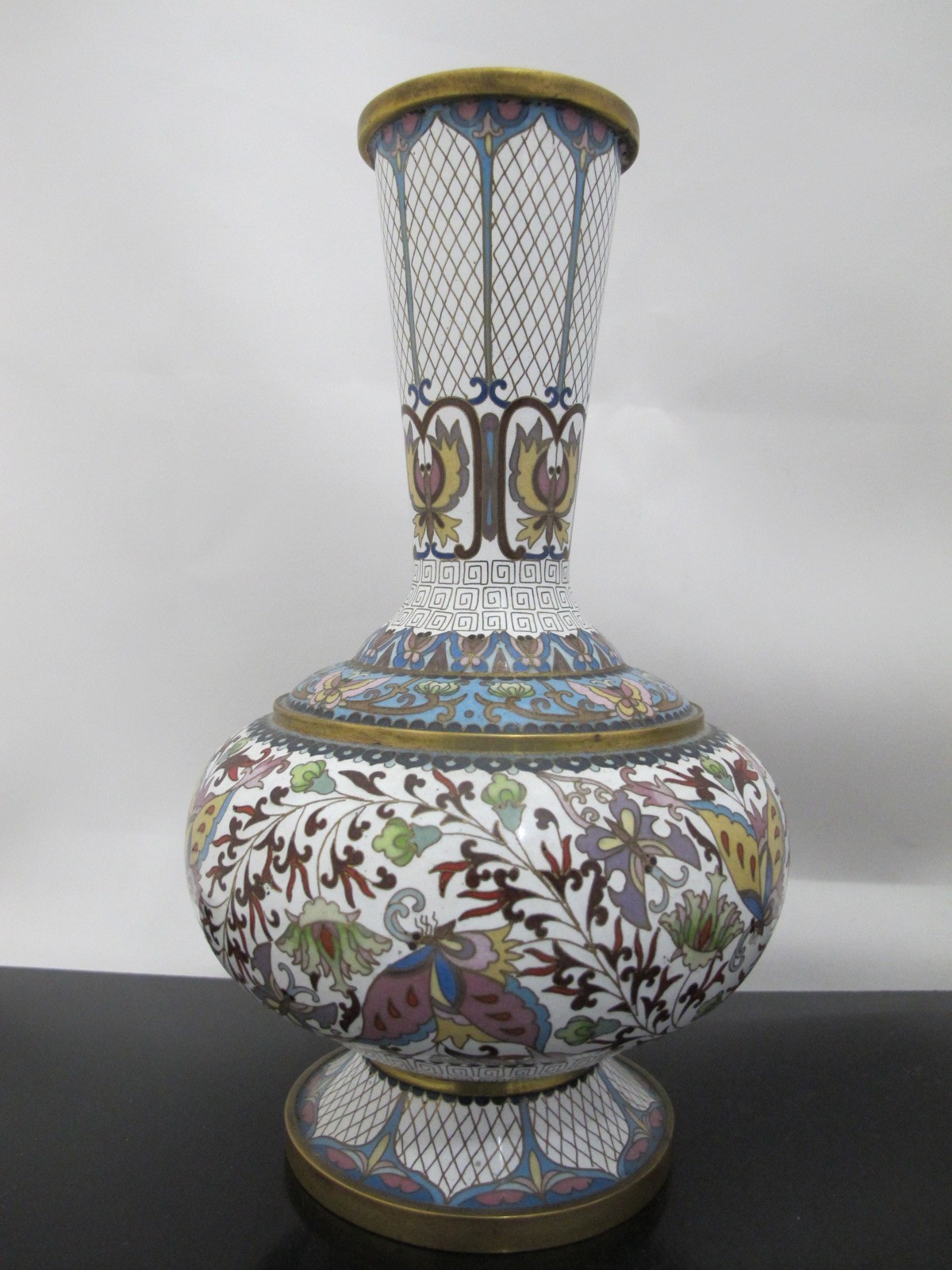 CHINESE White Enamel CLOISONNE Colorful Butterfly & Flower Vase Pair