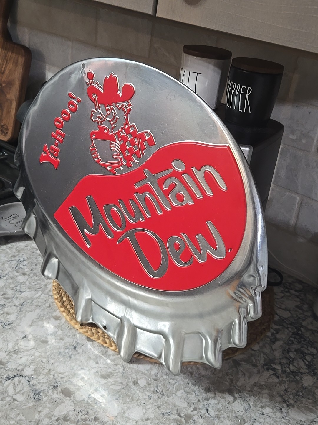 Mountain Dew Hillbilly Ya-Hoo embossed metal sign 18x19 used