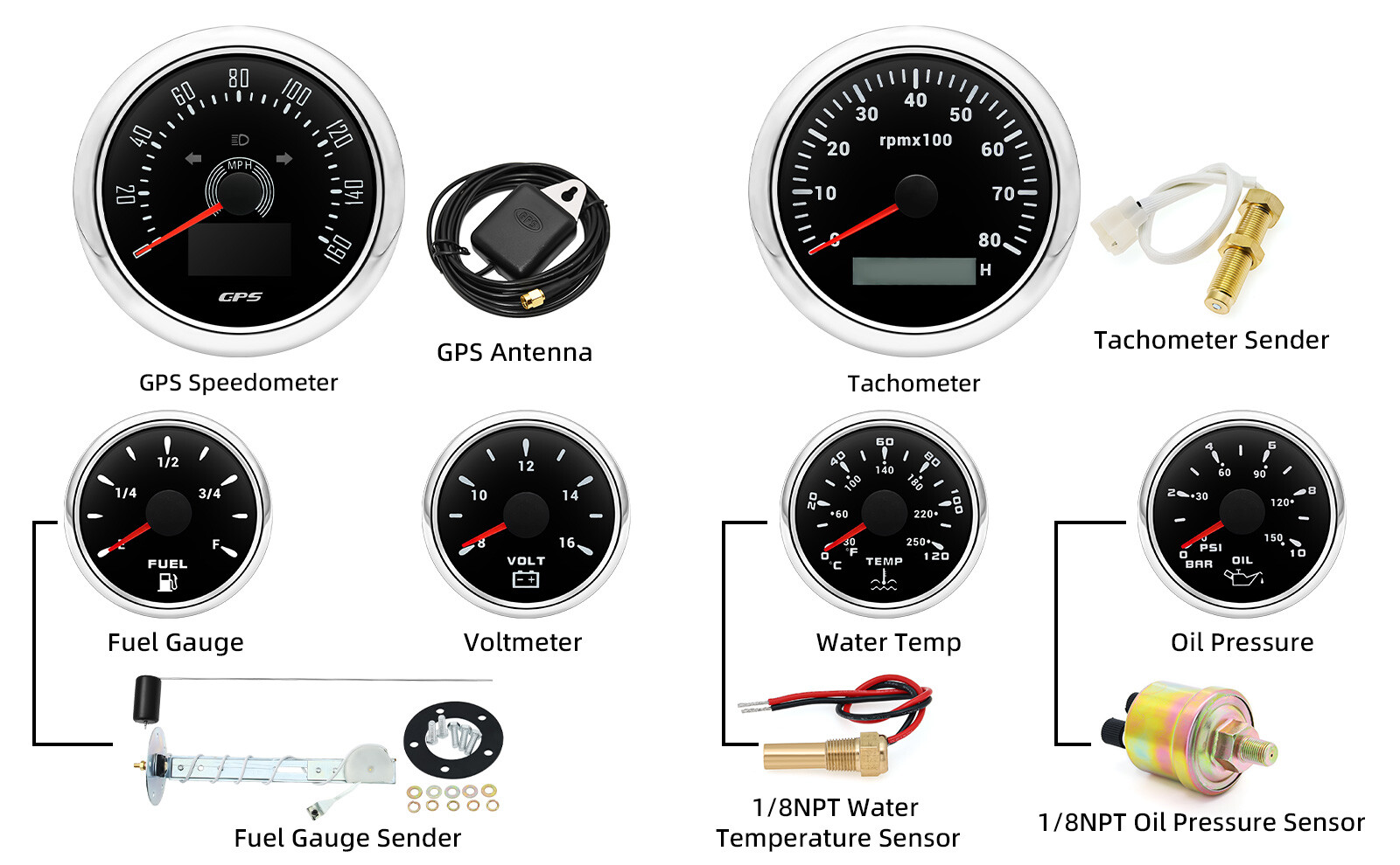 6 Gauge Set 85mm GPS Speedometer 160MPH Tacho&52mm Fuel/Oil/Temp/Volt Gauge US