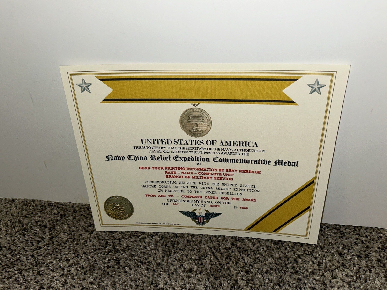 NAVY CHINA RELIEF EXPEDITION COMMEMORATIVE MEDAL CERTIFICATE ~ W/PRINTING TYPE-1