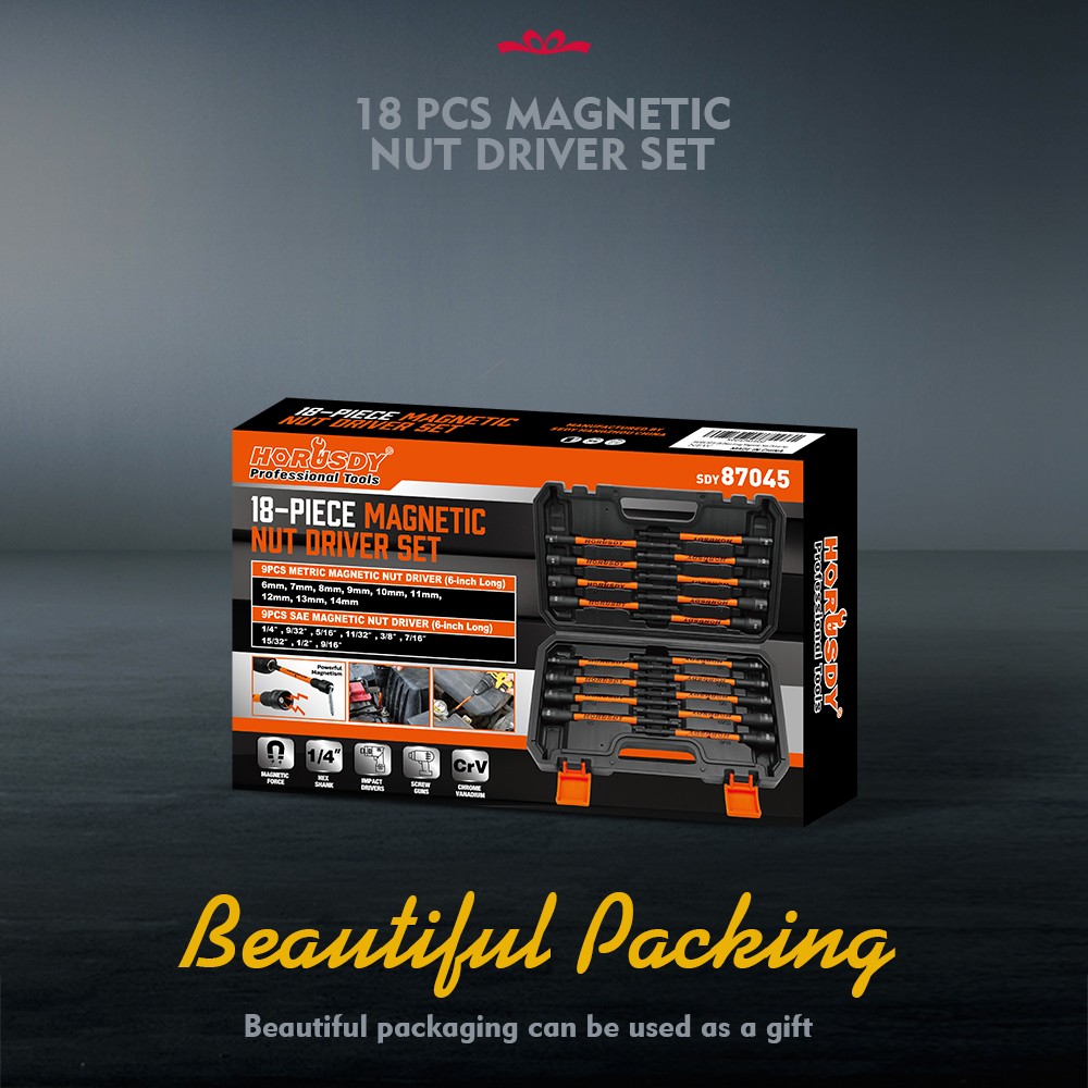 18PC Impact Magnetic Nut Drivers Set SAE & Metric Extra Long 1/4" Hex Shank Case