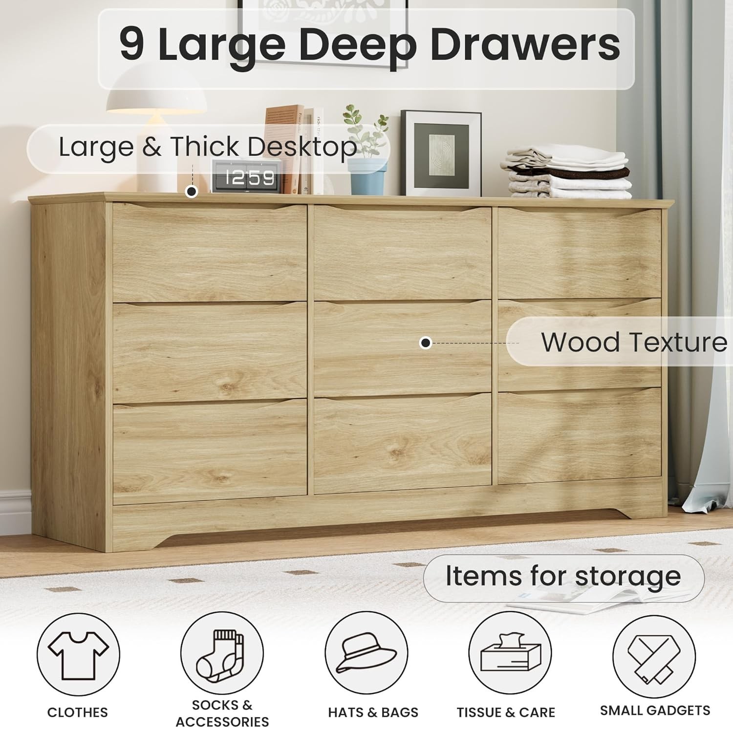 Wooden Dresser with 9 Drawers, Large Chest Storage Dresser for Bedroom