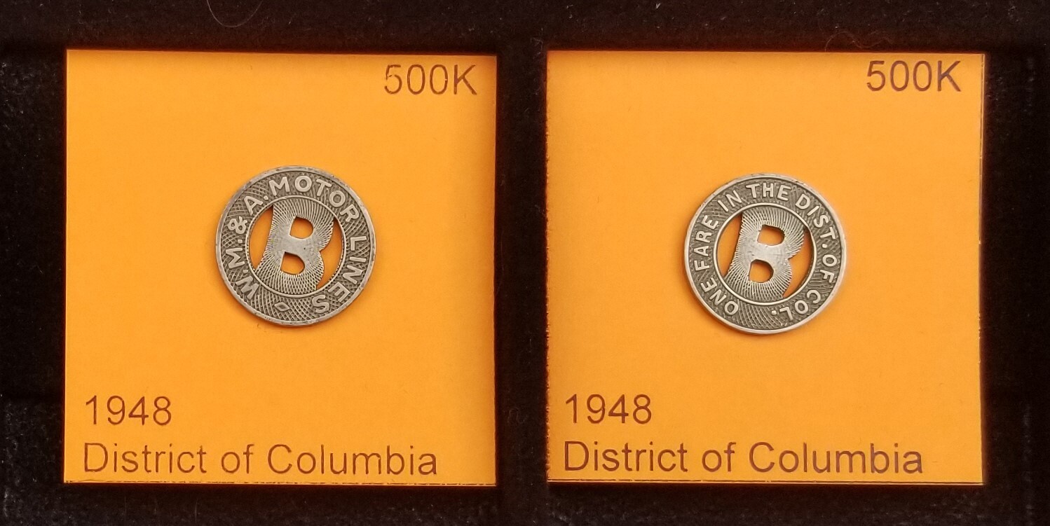 1948 W M & A MOTOR LINES DISTRICT OF COLUMBIA TRANSPORTATION TOKEN # 500K