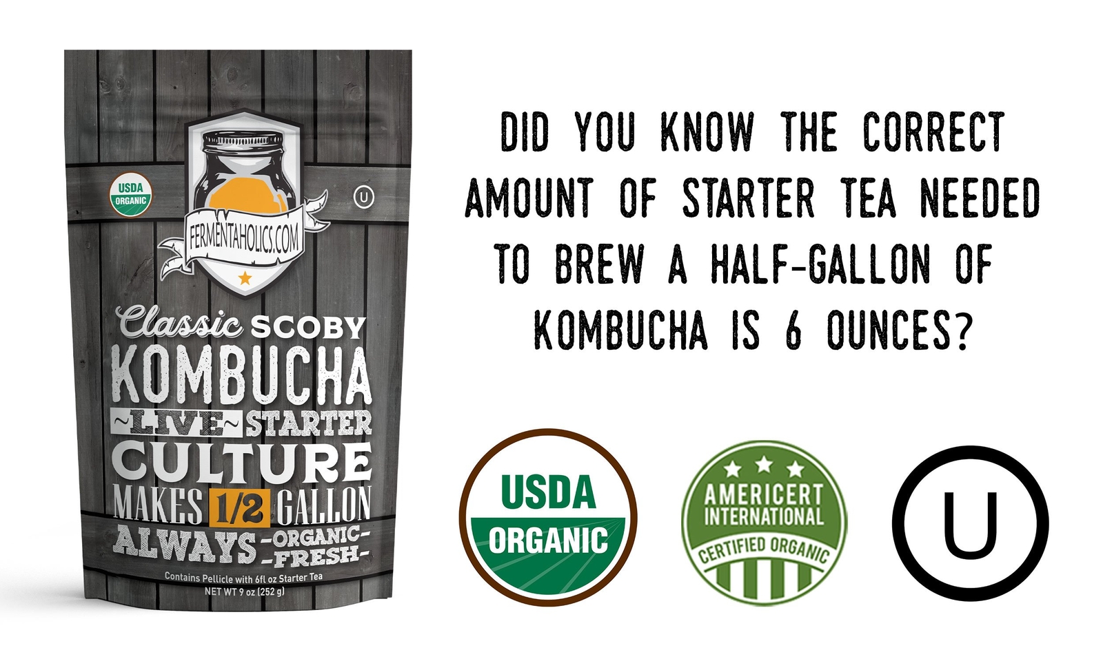 Fermentaholics SCOBY USDA Organic Live Kombucha Starter Culture Half Gallon