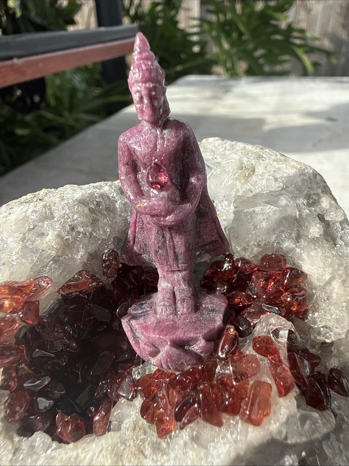 Carved Ruby Buhda On Ocean Jasper Faced Rough, Incredible Orbs Red Crystals 6”