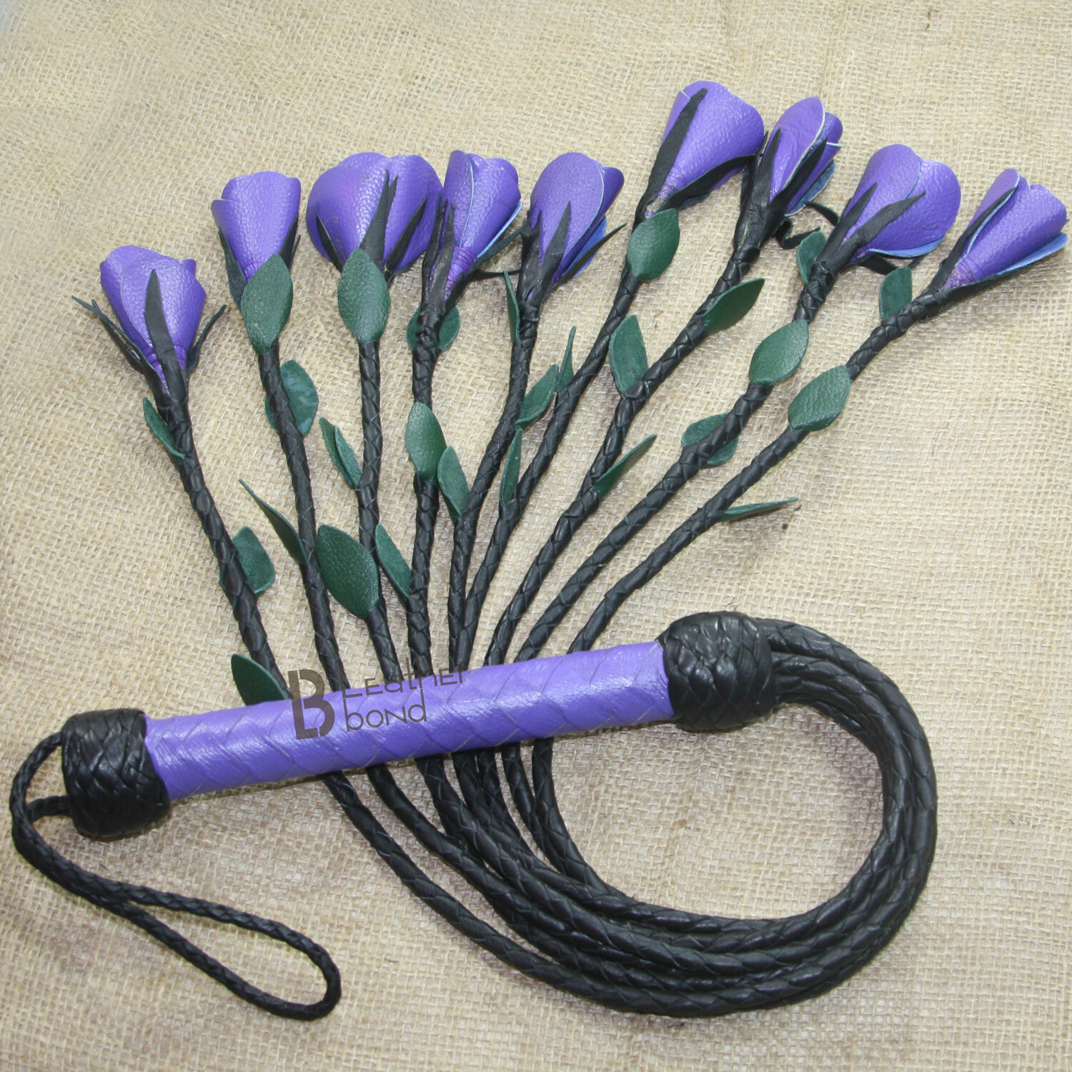 Real Genuine Cow Hide Leather Flogger 9 Braided Falls & Purple Roses Heavy Duty