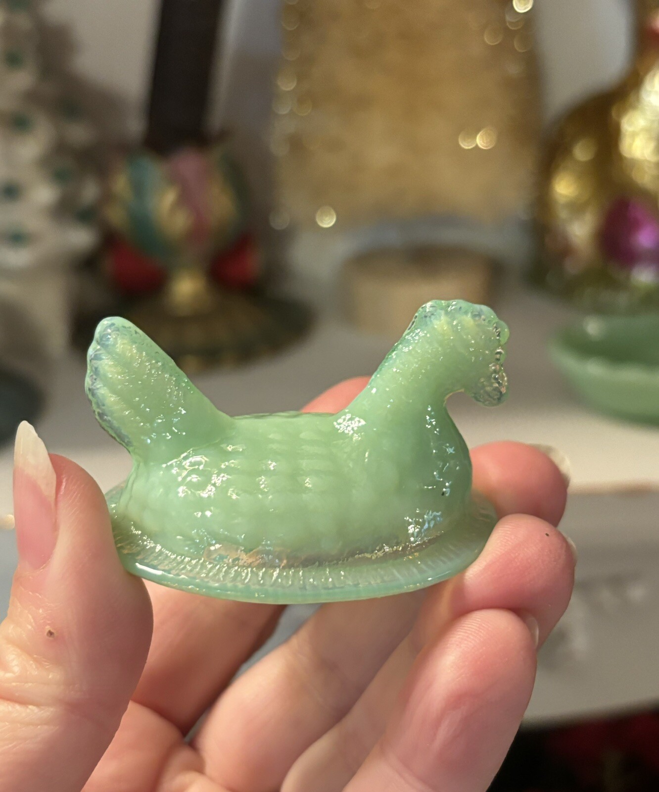 TINY Jadeite Green Glass Chicken Hen on Nest set only 2 1/2" EXC COND