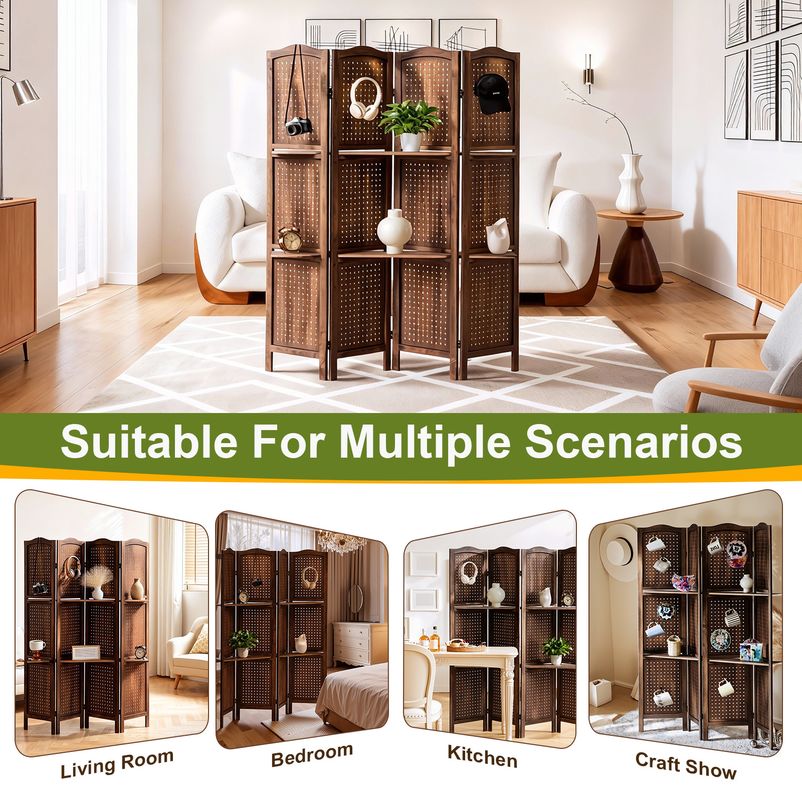 67" H Wood Room Dividers 4 Panel Pegboard Display Folding Privacy Screens Brown