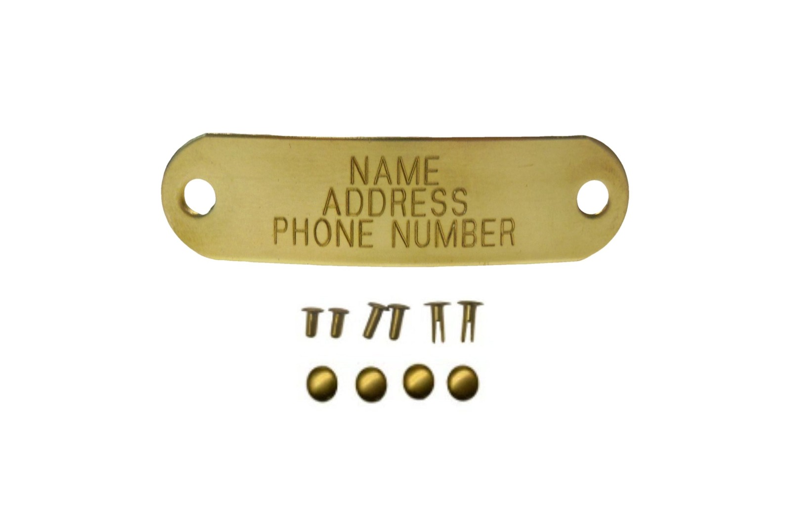 Warner Sporting Engraved Brass Pet ID Dog Tag with three sizes of rivets USA