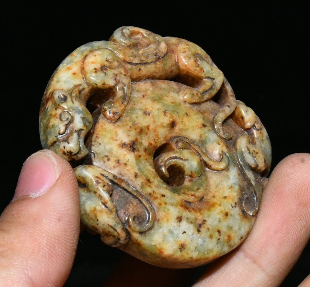 2" Hongshan Culture Old Jade Carve Dragon Loong Beast Yubi Yu Bi Amulet Pendant