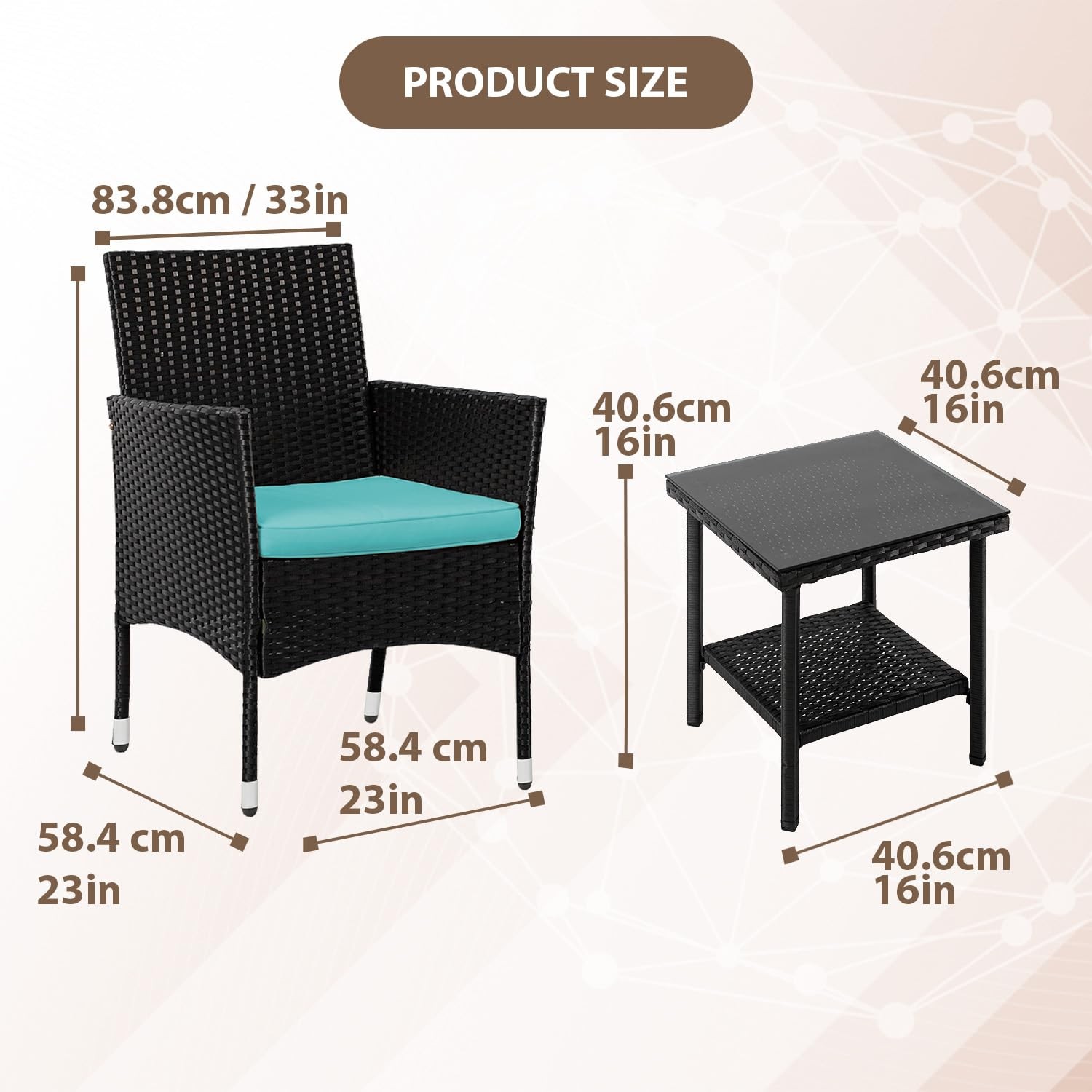 3 Piece Wicker Rattan Patio Furniture Set with Chairs Table Blue