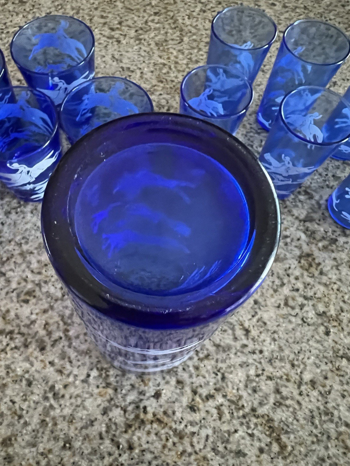 1930’s Cocktail Shaker Set Hazel Atlas Blue/White Fox Hunt Shaker & 12 Glasses