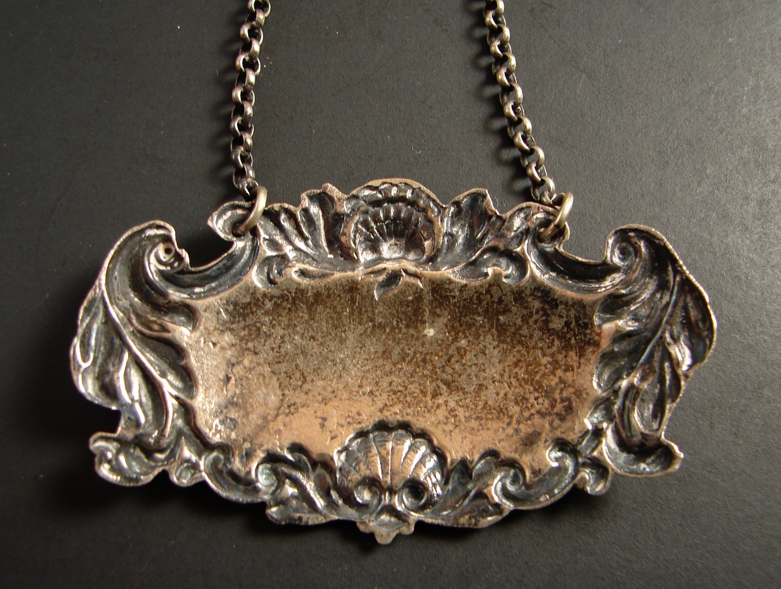 Vintage Silverplate Decanter Label Bottle Hanging Tag Ornate Shell Scroll Design
