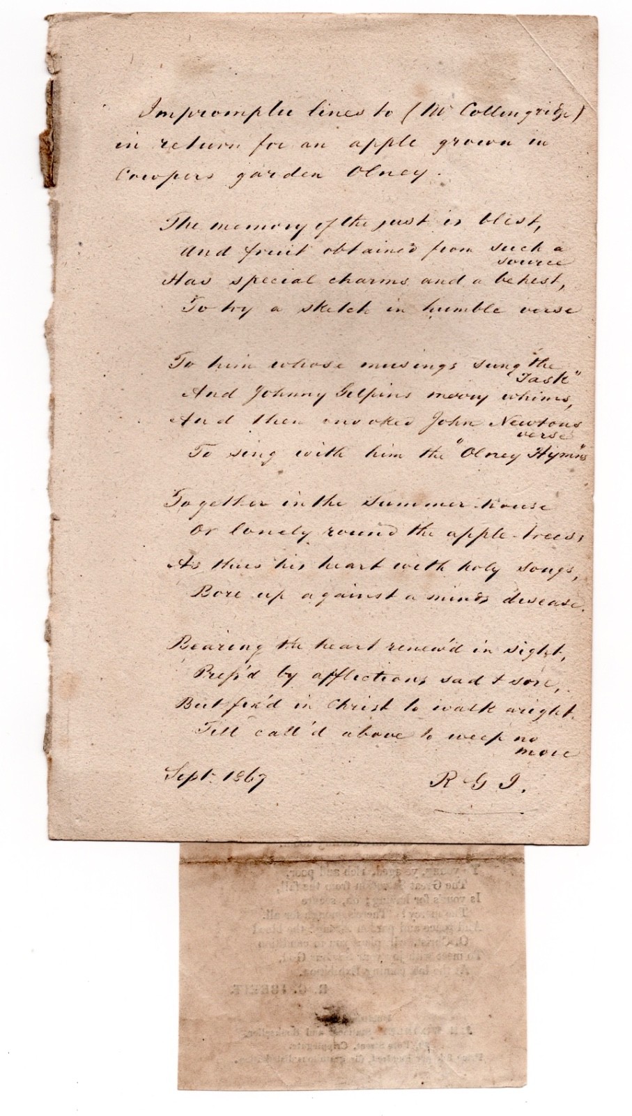 1867 Signed MS Verse re Cowper/Olney + 1851 Great Exhibition Religious Broadside