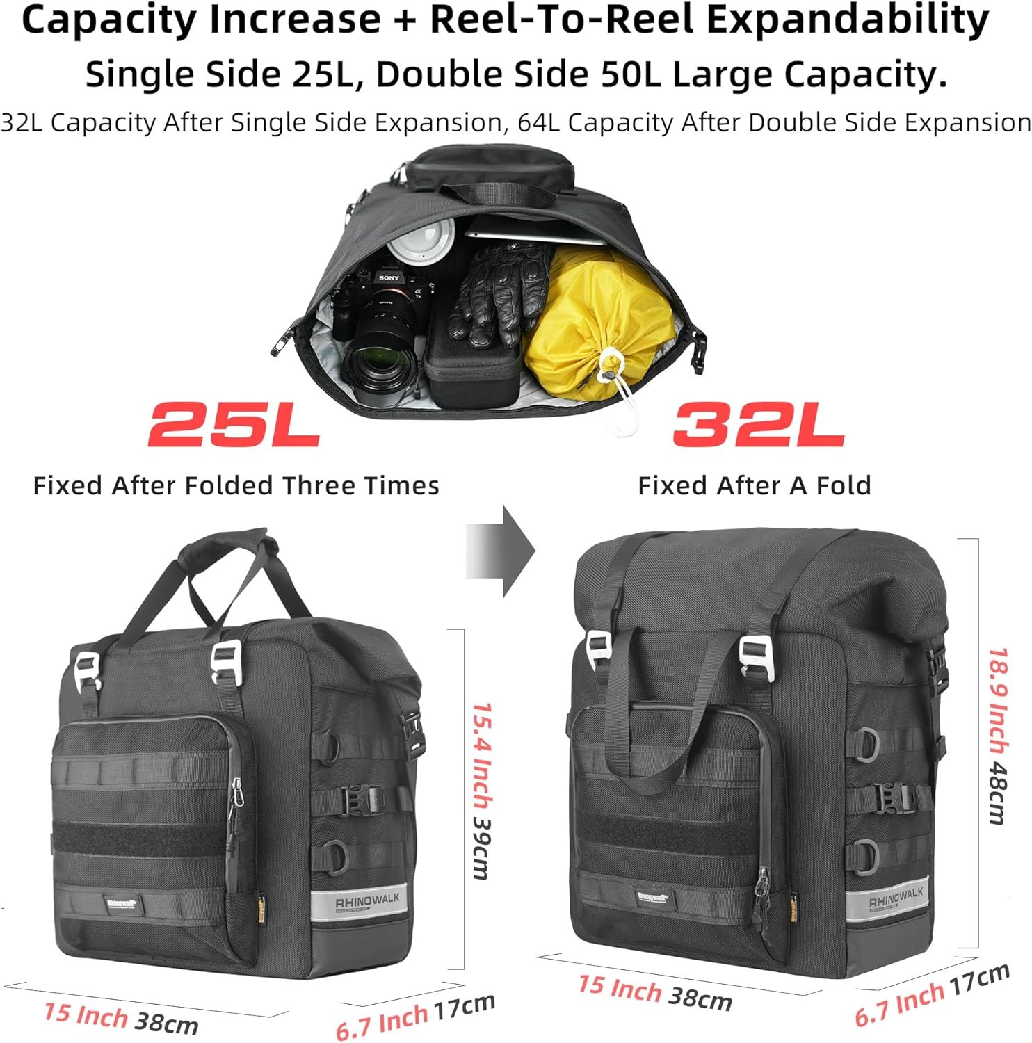 Motorcycle Saddlebags Waterproof 25L Rhinowalk Saddle Bag Quick 25L, Black25L