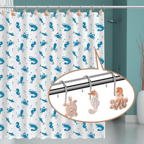 Seashell Shower Curtain Hooks, 12Pcs Decorative Anti Turtle Starfish Octopus