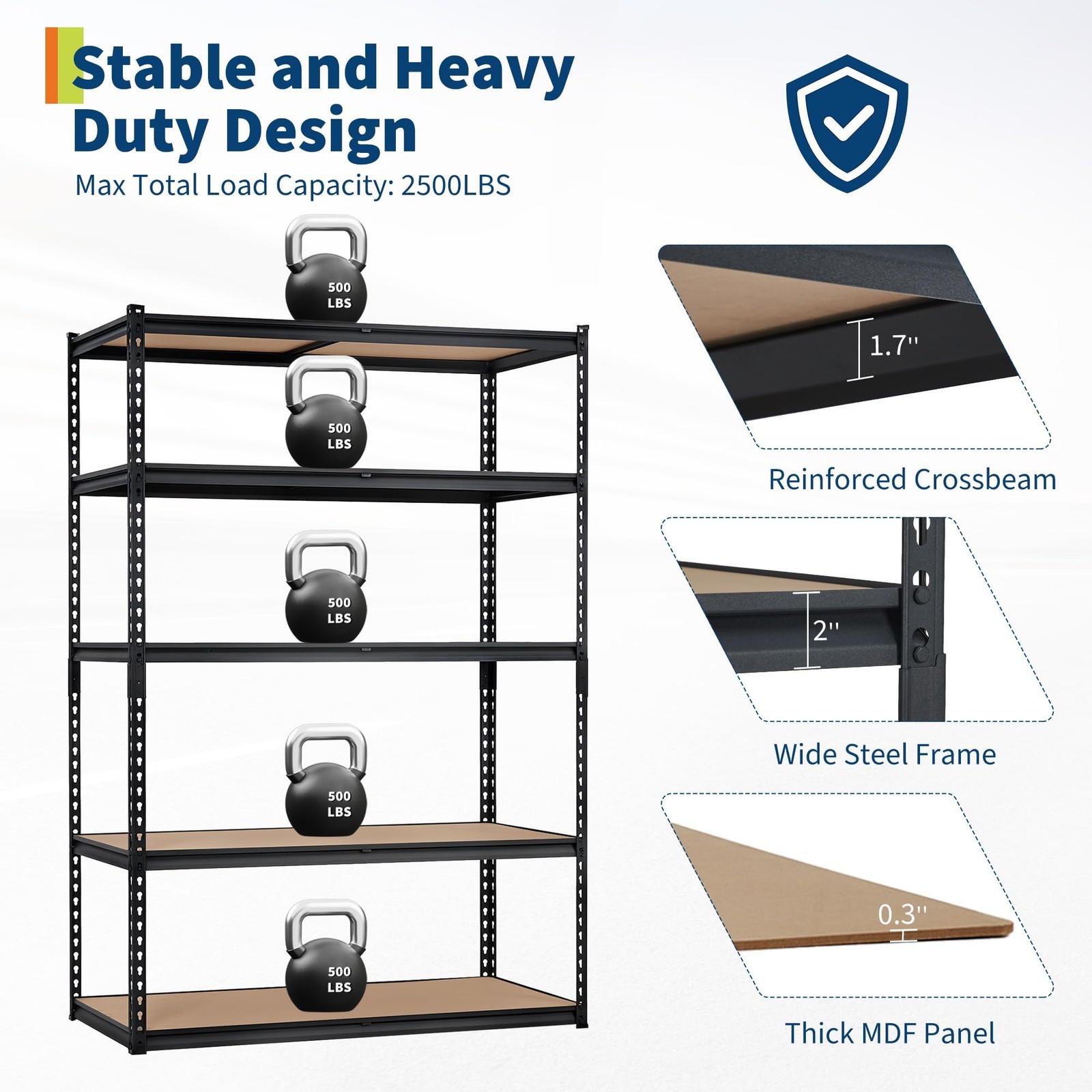 Heavy-Duty 5-Tier Storage Rack, 2500LB Capacity, 48"x24"x72" Adjustable Metal Sh
