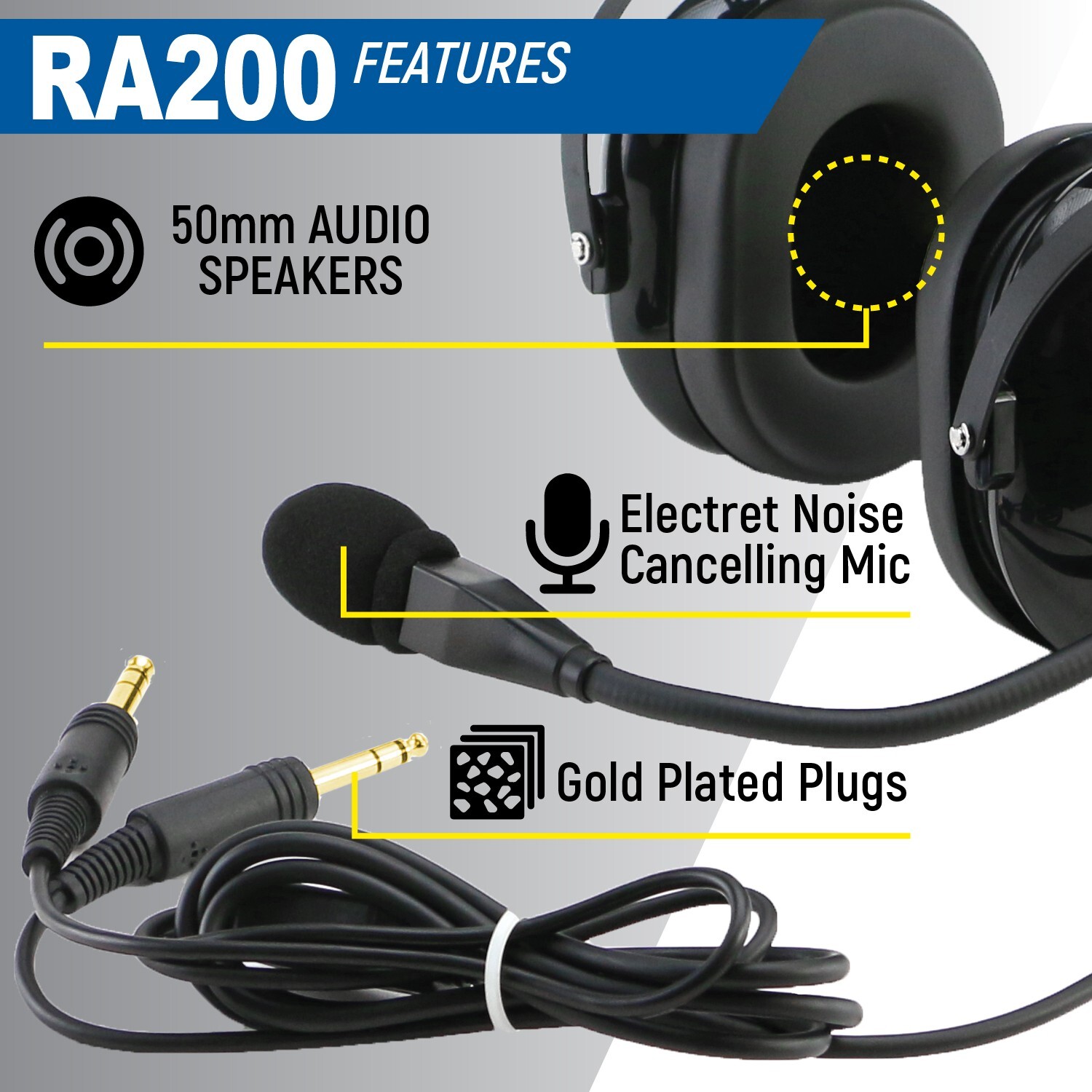 Rugged Air RA200 General Aviation Pilot Headset w/ MP3 Music Input A20 X GA Plug