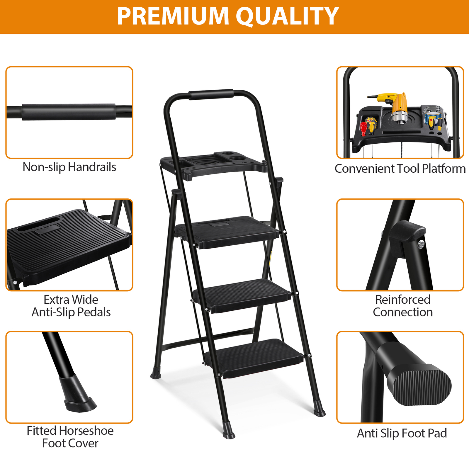 3/4/5 Step Ladder with Tool Platform Anti-Slip Sturdy & Wide Pedal Stool 330LBS