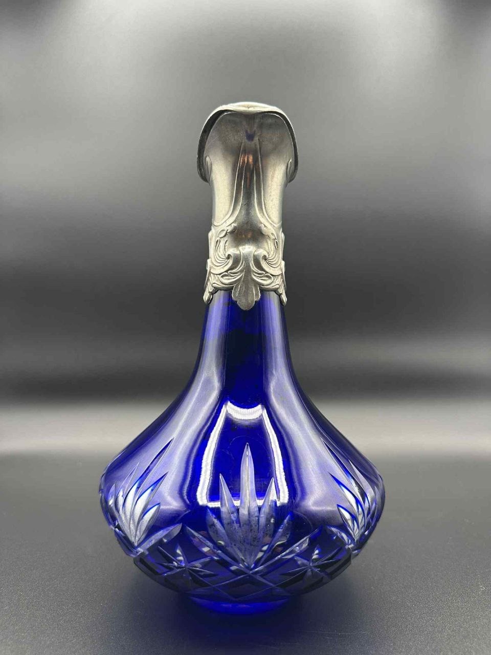 Antique Bohemian Cobalt Cut Glass Pitcher Pewter Mounted Art Nouveau 8.75”