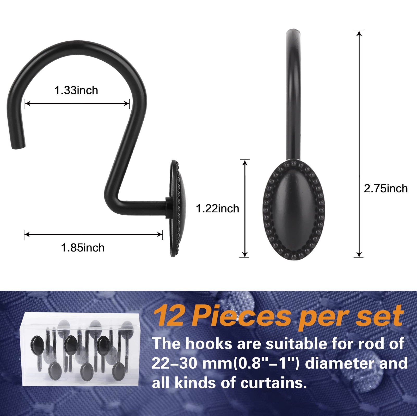 Shower Curtain Hooks Set Of 12 Black Zinc Rust Resistant Decorative Matte Black