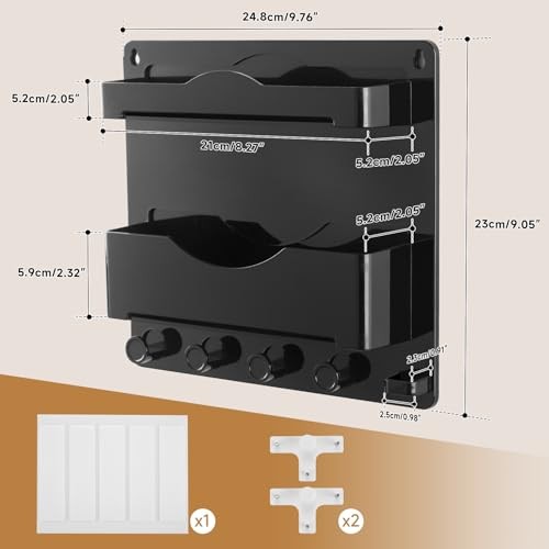 Bedside Wall Shelf with Glasses Hooks ，Adhesive Bedside Organizer Wall Black