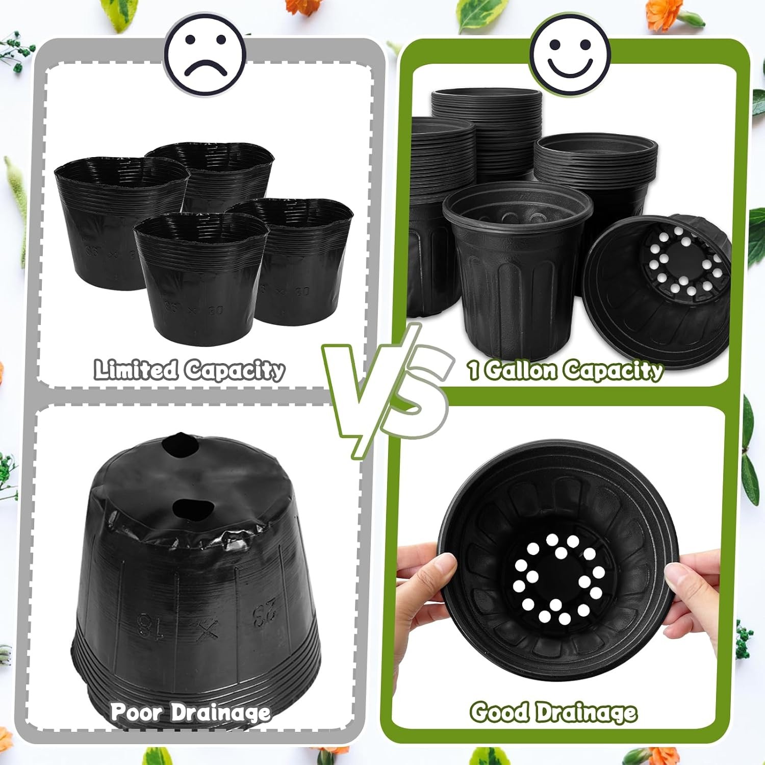 60 Pack 1 Gallon Flexible Plant Nursery Pots Black Plastic Plant Pots with Holes
