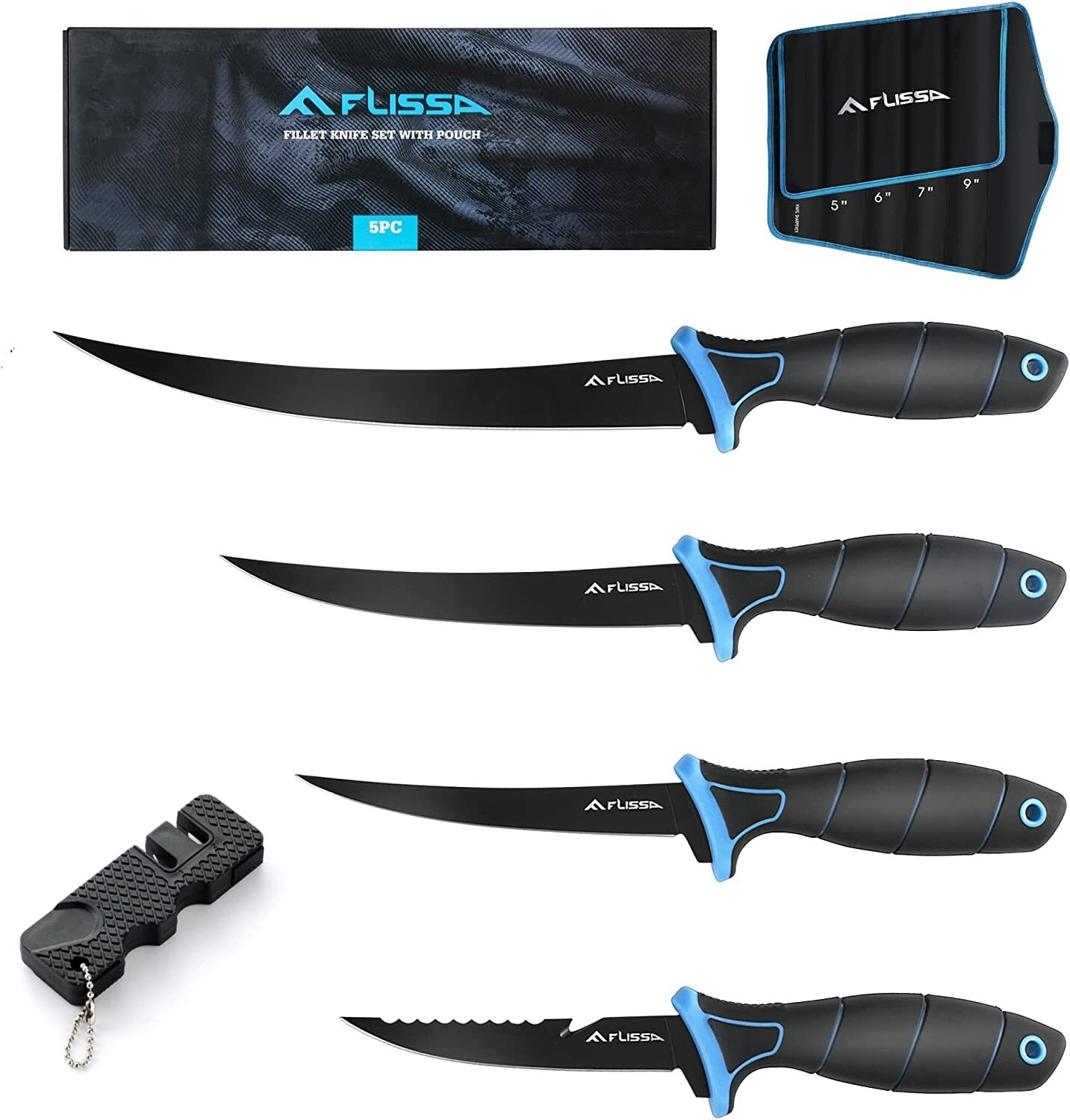 FLISSA Fillet Knife 5''/6''/7''/9''Cutting Notch Non-Slip Handle Lanyard Hole