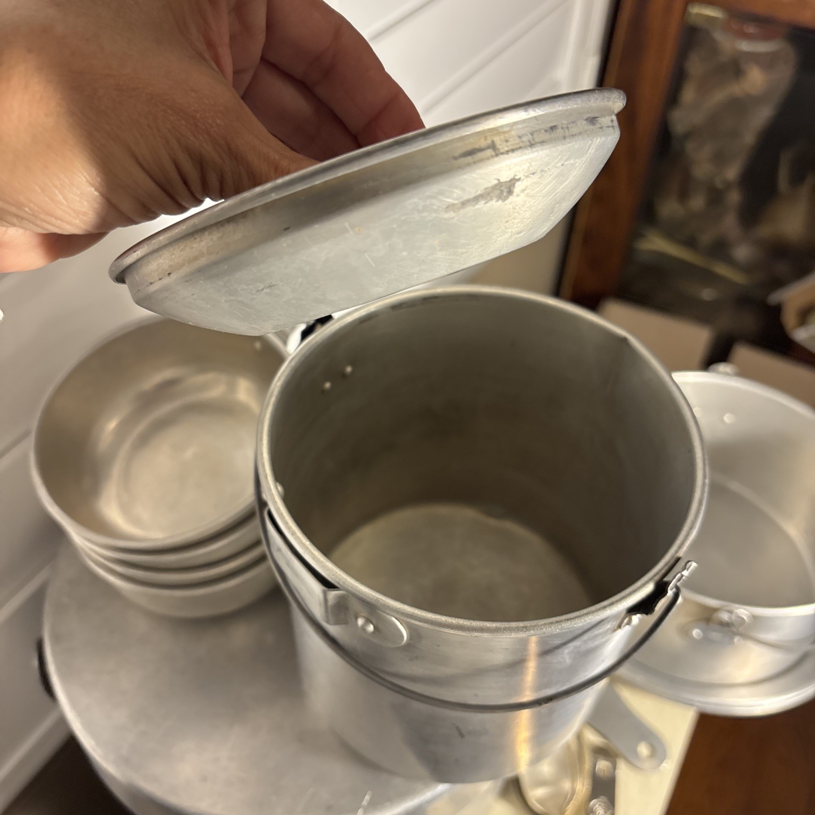 Vintage Aluminum Nesting Camping Mess Set Cooking Pots Plates Cups Set 4 Japan