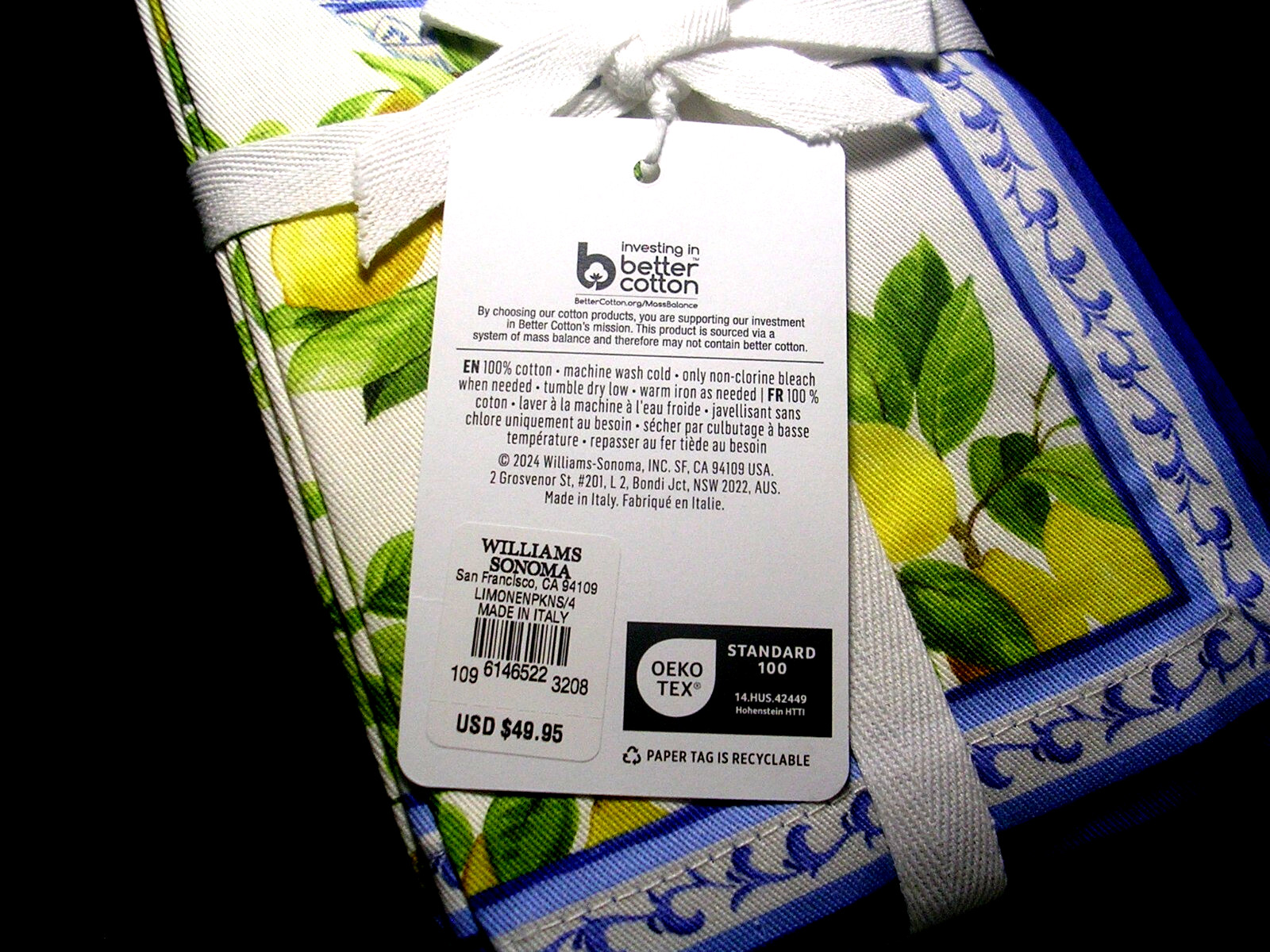 WILLIAMS SONOMA LIMONE DINNER NAPKINS 100% COTTON SET OF FOUR ITALY N/WITH TAGS