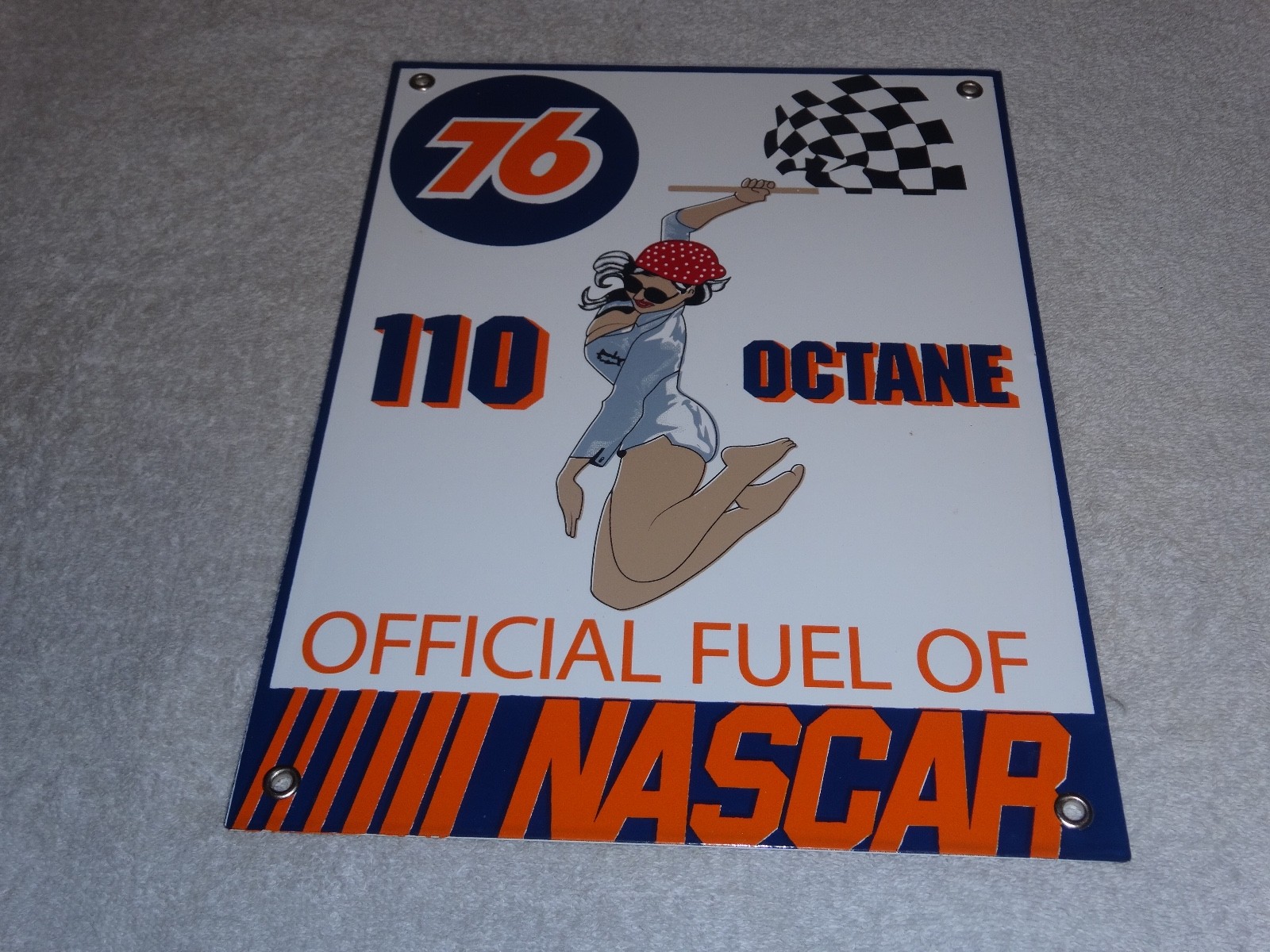 VINTAGE UNION 76 GASOLINE WOMAN +RACING FLAG 12" PORCELAIN METAL NASCAR OIL SIGN