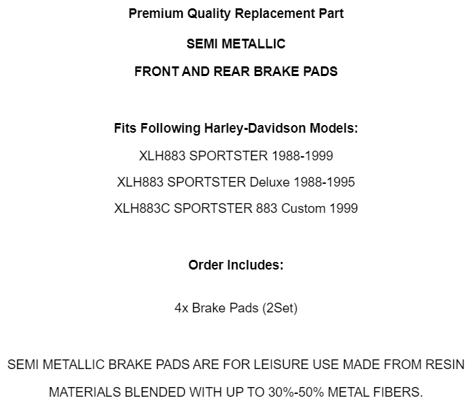 Front And Rear Brake Pads for Harley Davidson Xlh883 Sportster 883 1988-1999