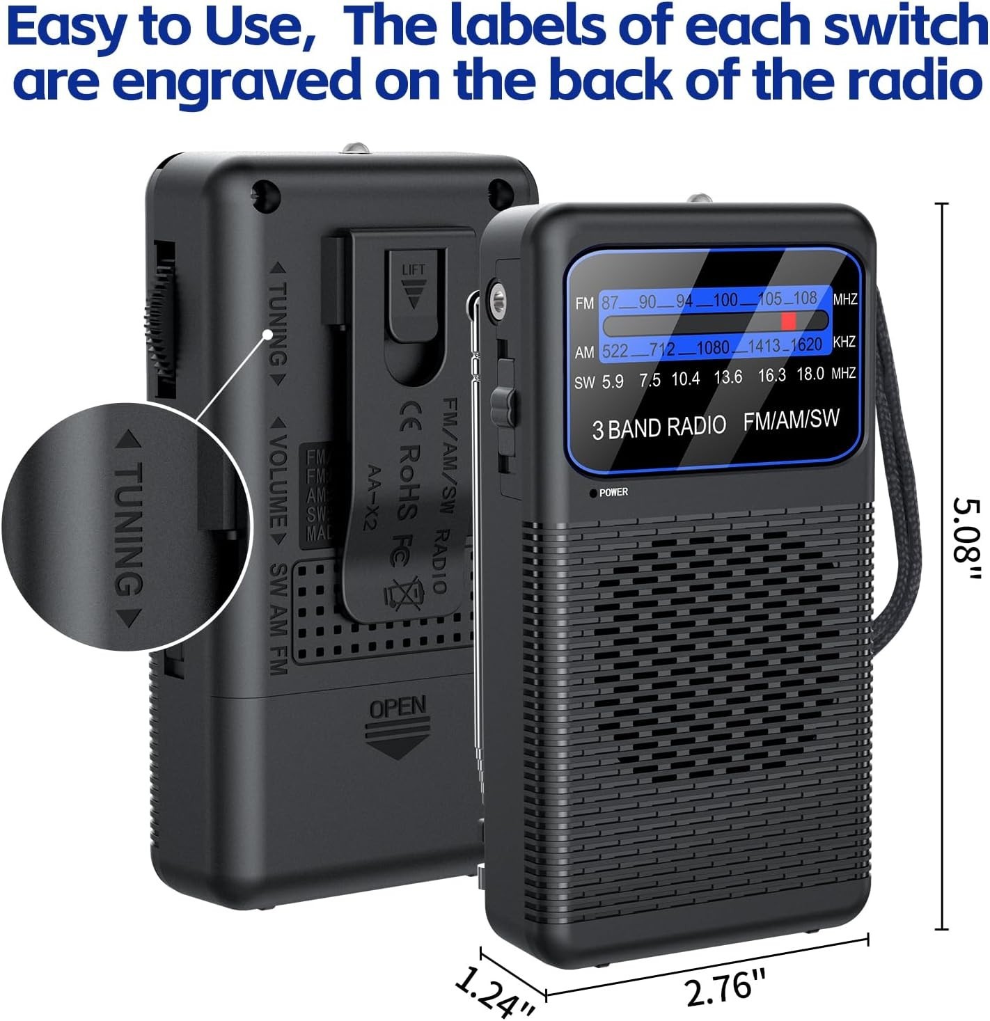 Portable AM FM Radio Compact Transistor Radio Pocket Radio Silver NYS NEW..