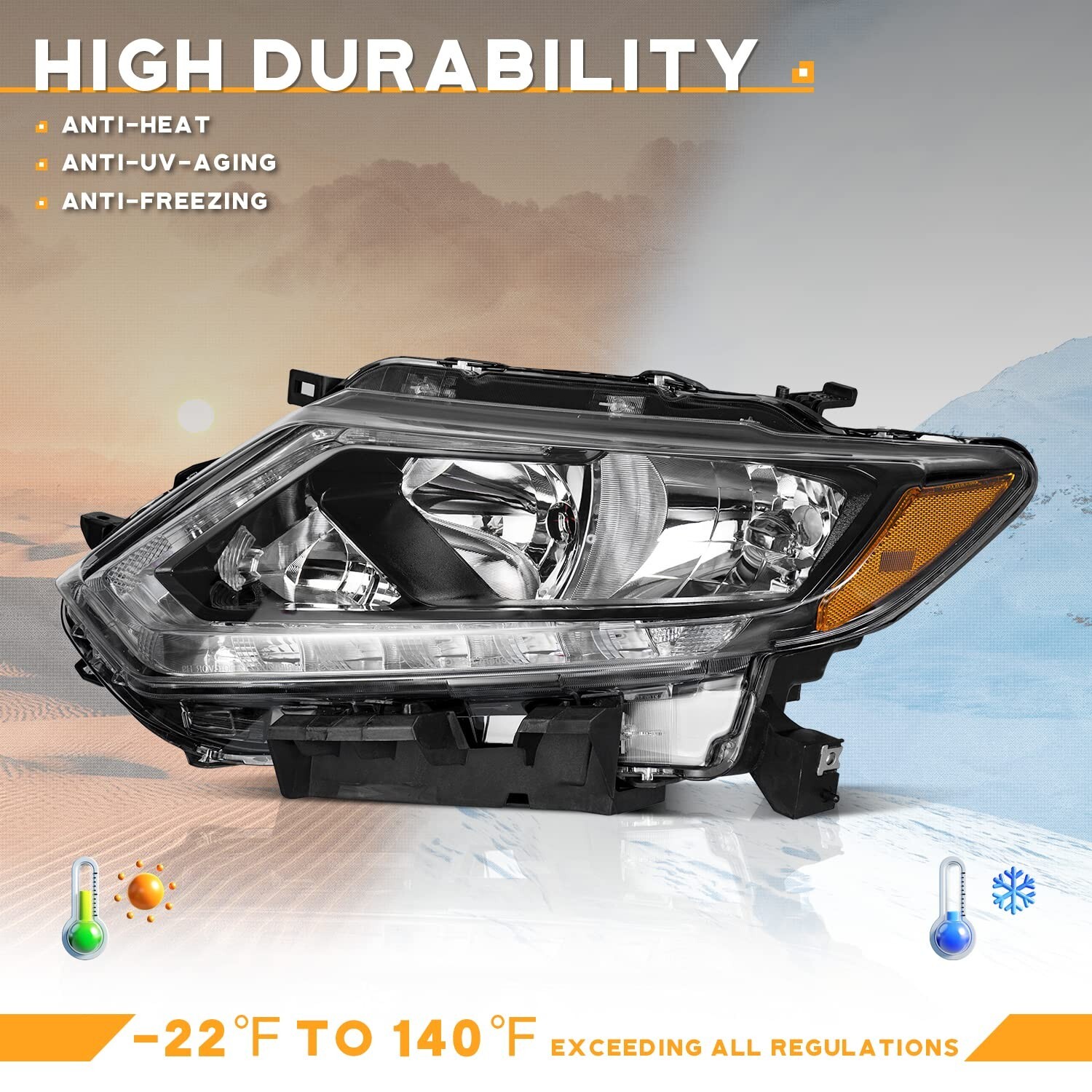 WEELMOTO Headlights For 2014-2016 Nissan Rogue Halogen LED DRL Lamps Left+Right