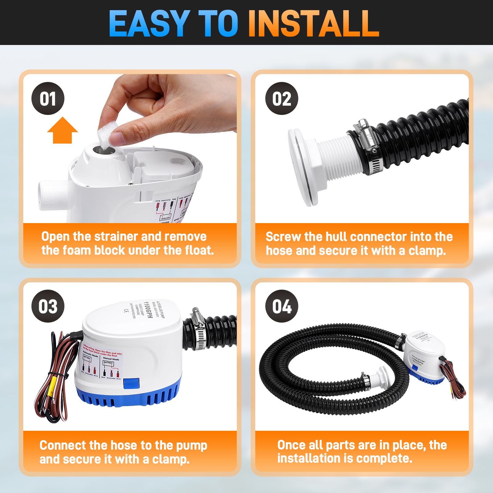 12V 1100GPH Automatic Submersible Boat Bilge Water Pump With Auto Float Switch