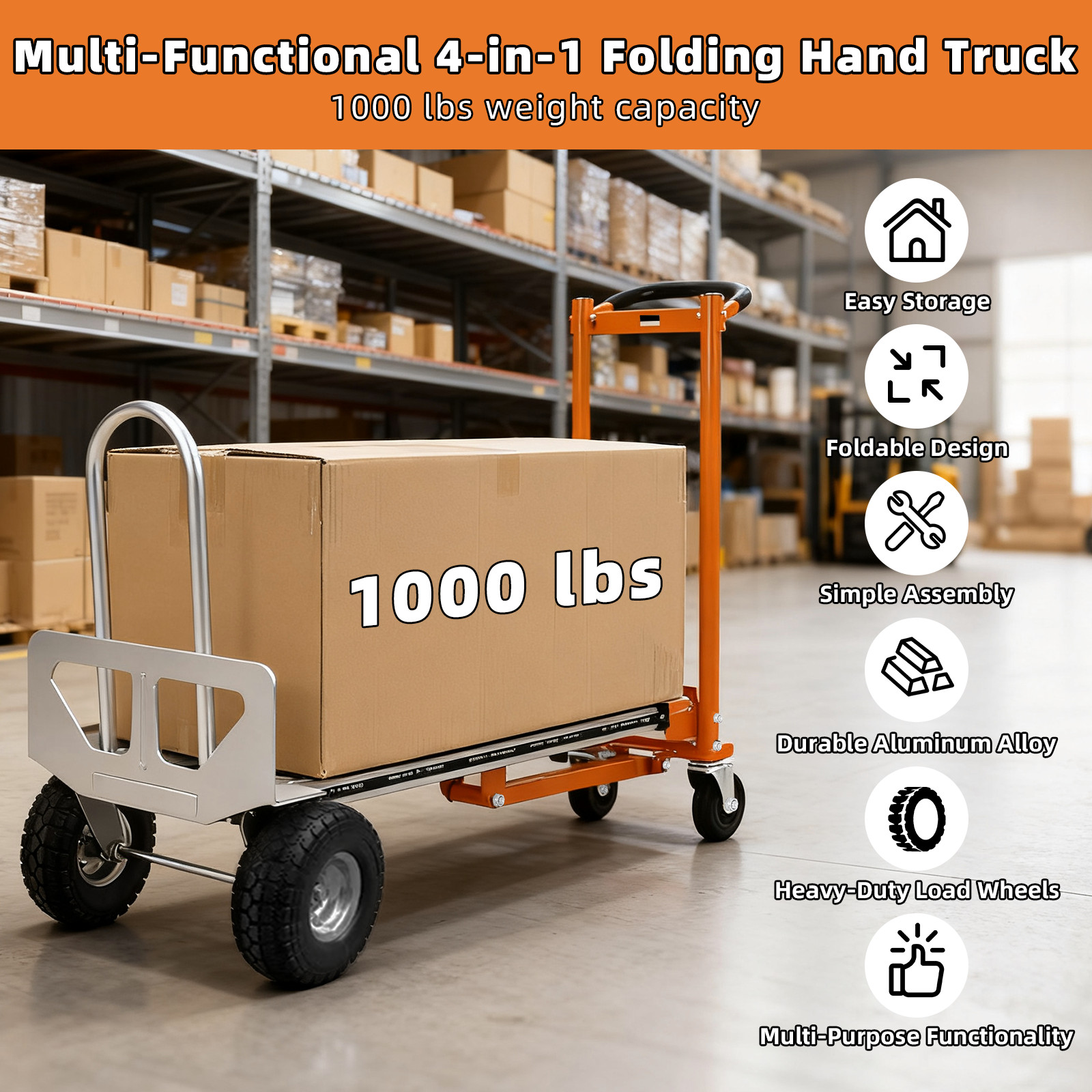 Aluminum Convertible Hand Truck 4-in-1000 Lbs Capacity Heavy Duty Dolly Cart