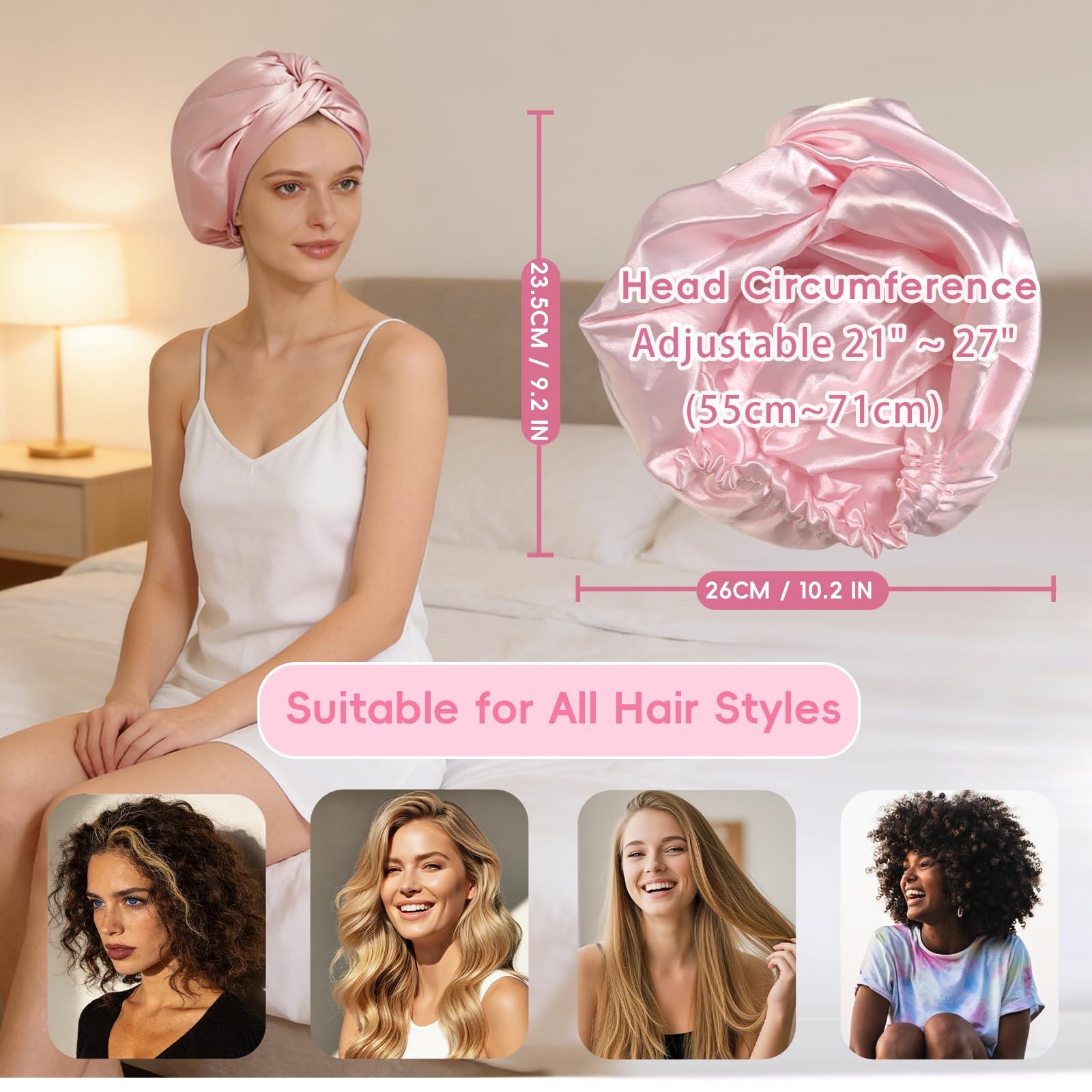 Fistmta 22 Momme 100% Mulberry Silk Bonnet for Sleeping Women, Large, Pink