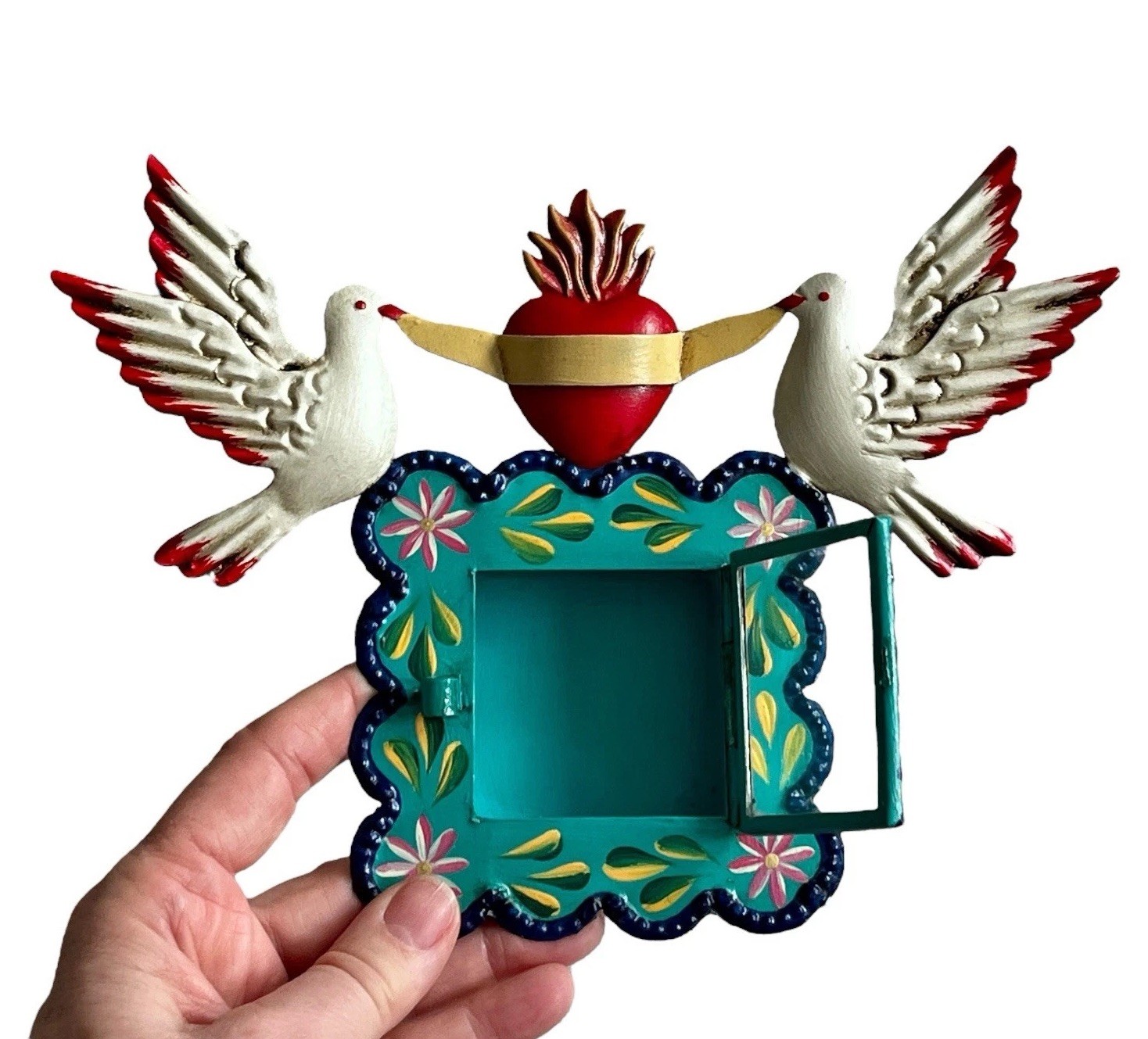 Painted SACRED HEART Frame with Doves, Mexican Tin Heart Nicho, Shadowbox Green