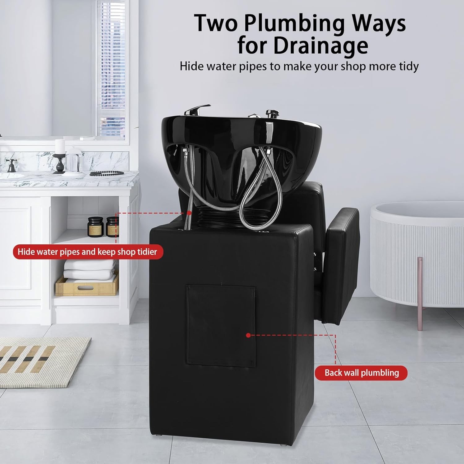 New Adjustable Height Shampoo Bowl & Chair, Ceramic Salon Backwash Station Black