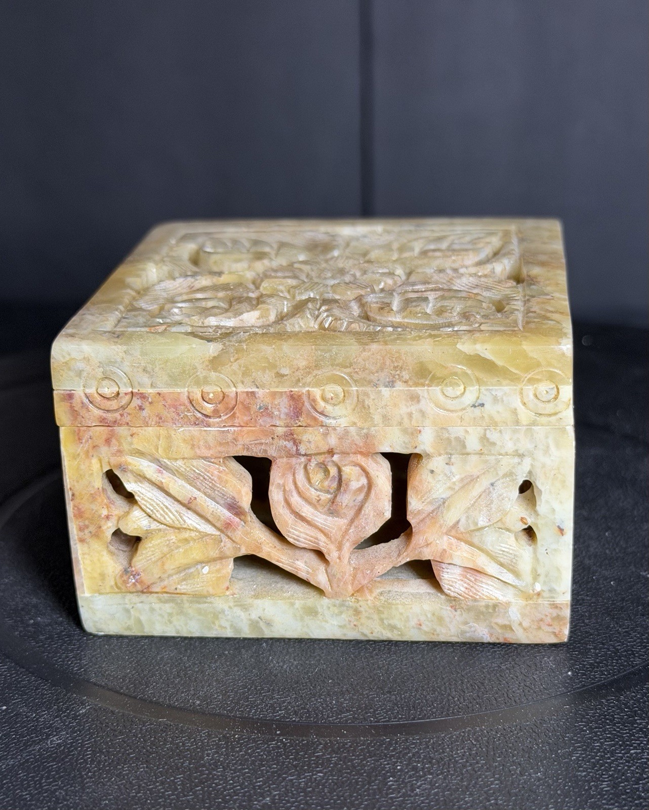 Vintage Intricate Hand Carved Soapstone Trinket/Marble Jewelry Box - 3”x 3”