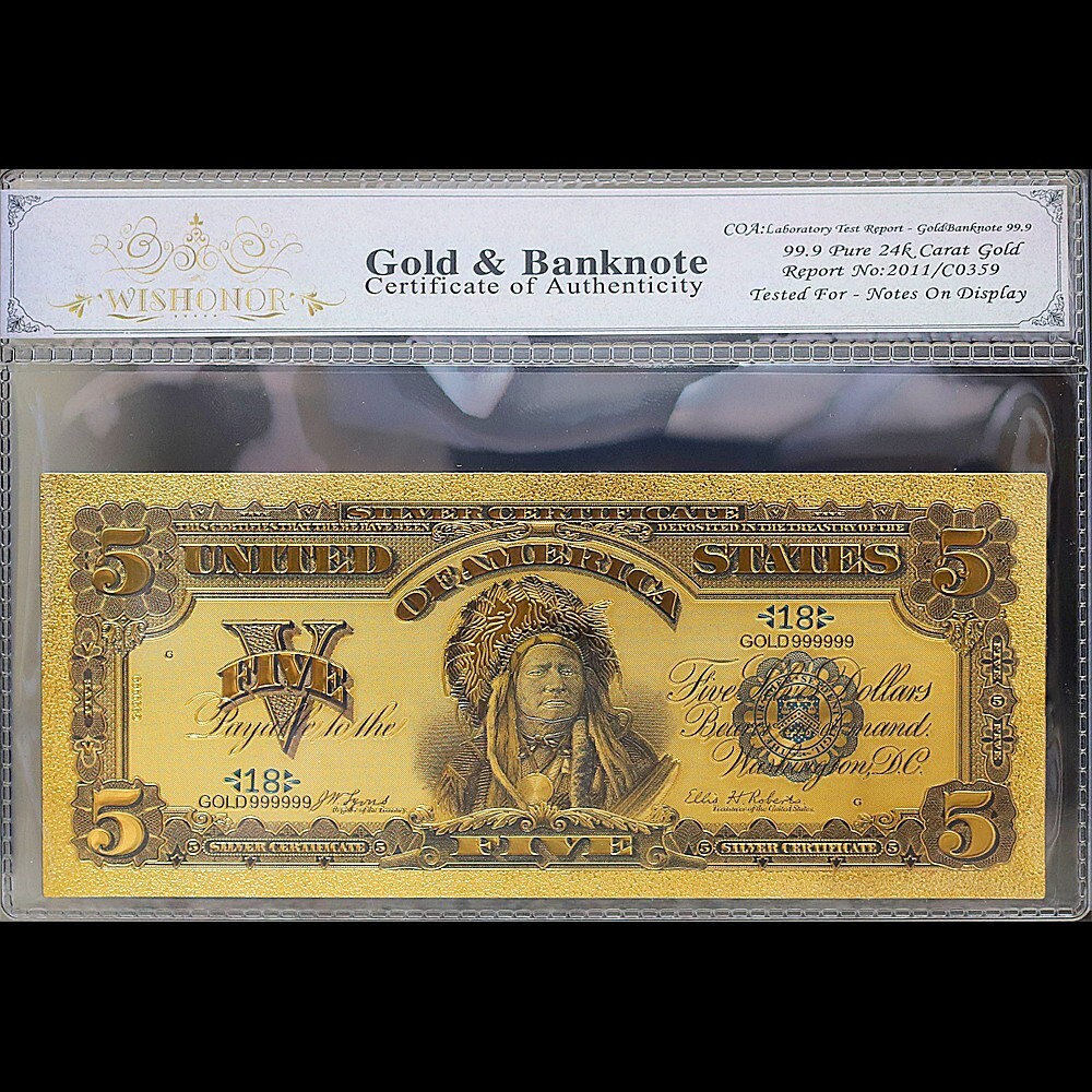 Gold 1899 $5 Five Dollars Banknote Collectible with Bag & Certificate