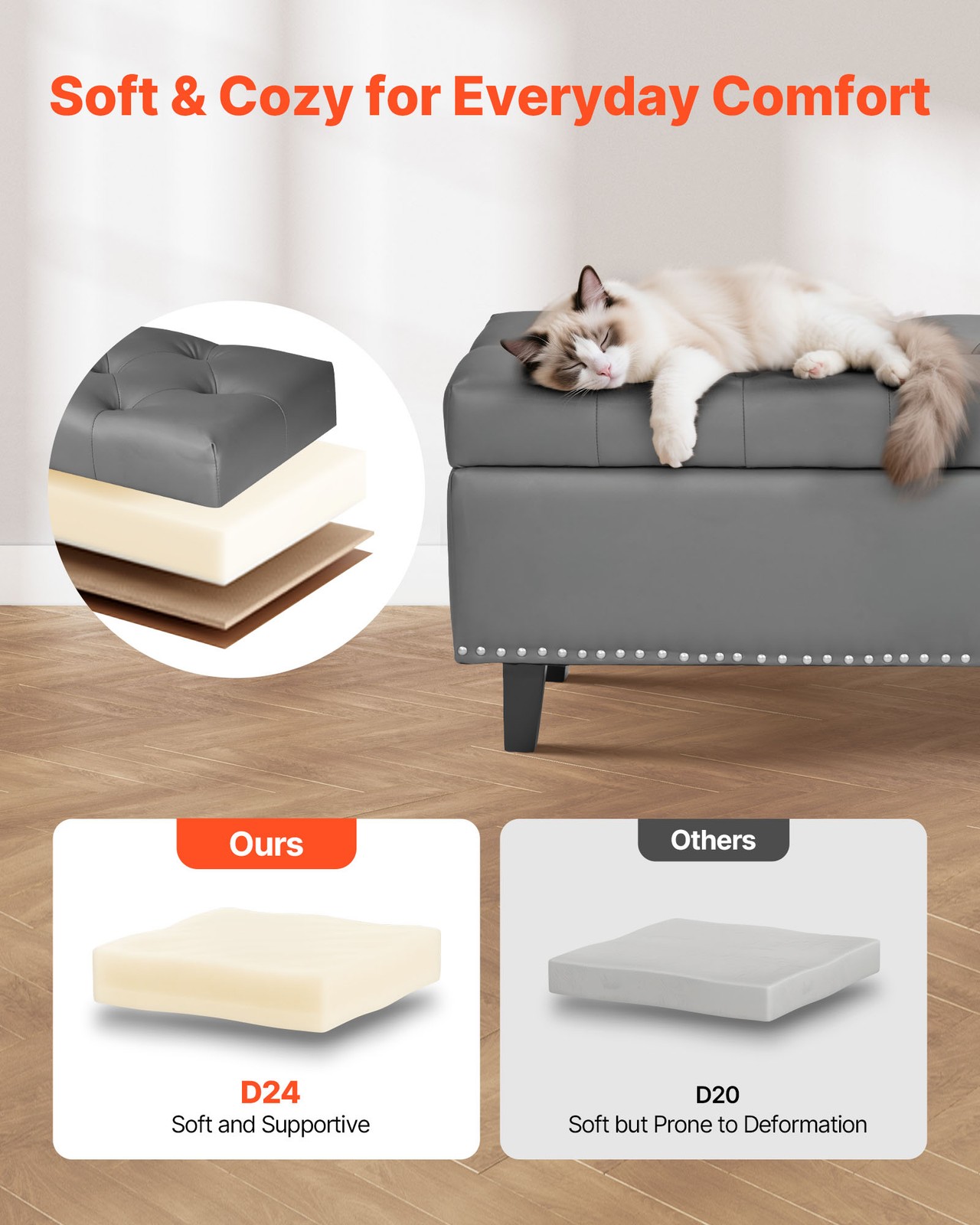 Uimoso Button-Tufted Storage Ottoman Bench PU Leather Bench with Wood Legs Gray