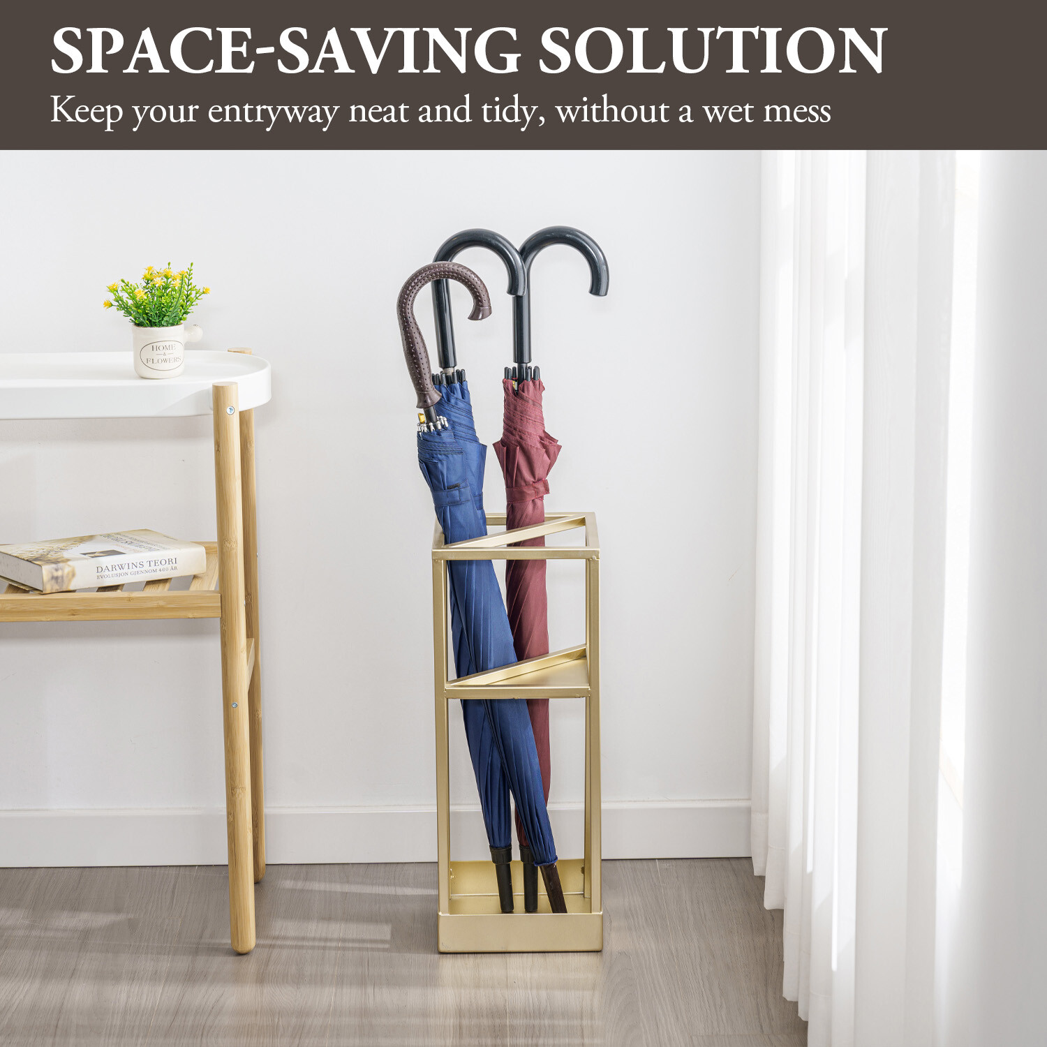 19 Inch Freestanding Entryway Brass Metal Umbrella Stand with Bottom Drip Tray