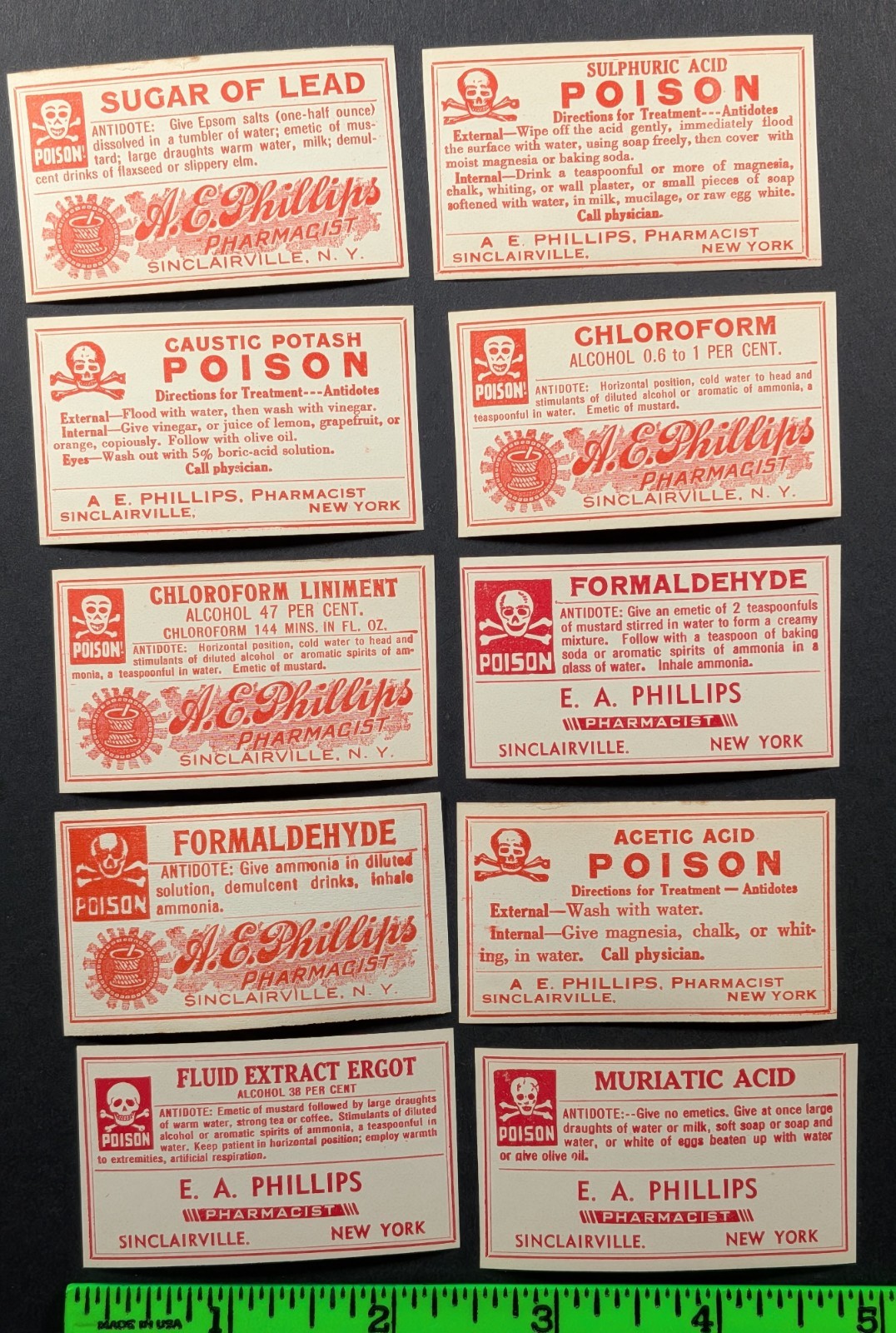 Vintage (Lot of 10) Poison Danger Pharmacy Medical Labels